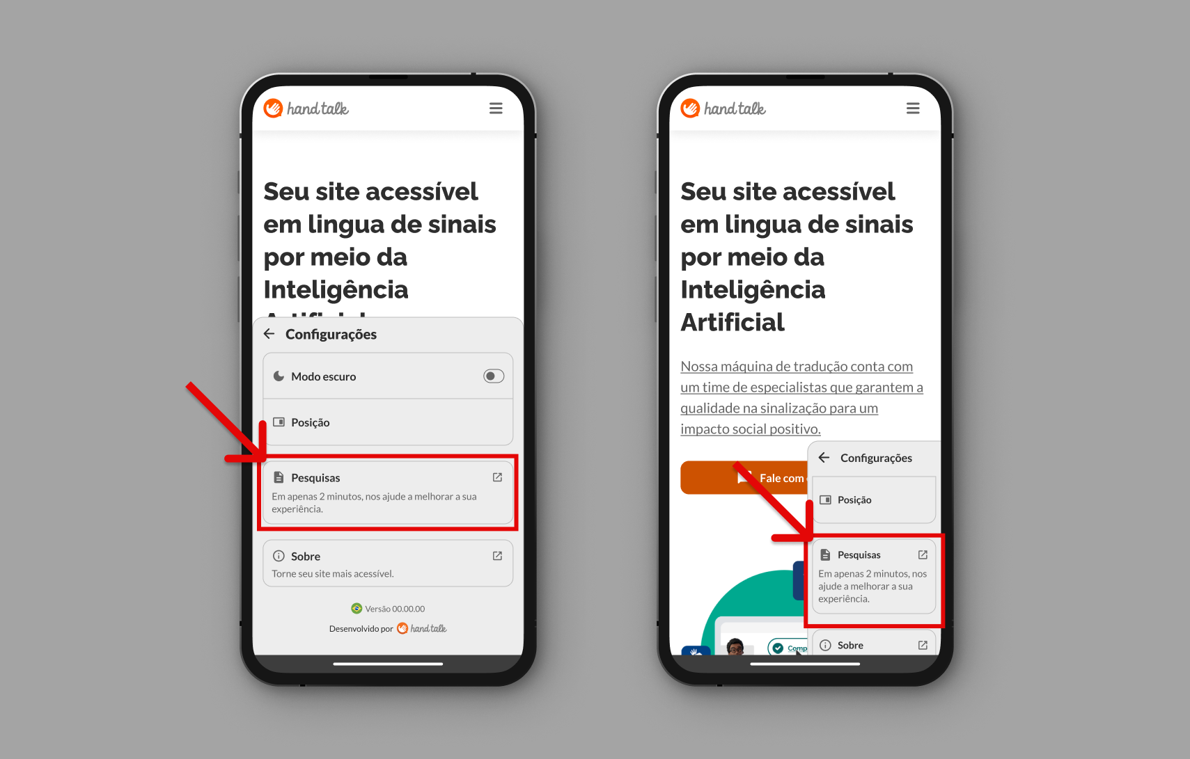 Configurações abertas sinalizando o botão que leva às Pesquisas.