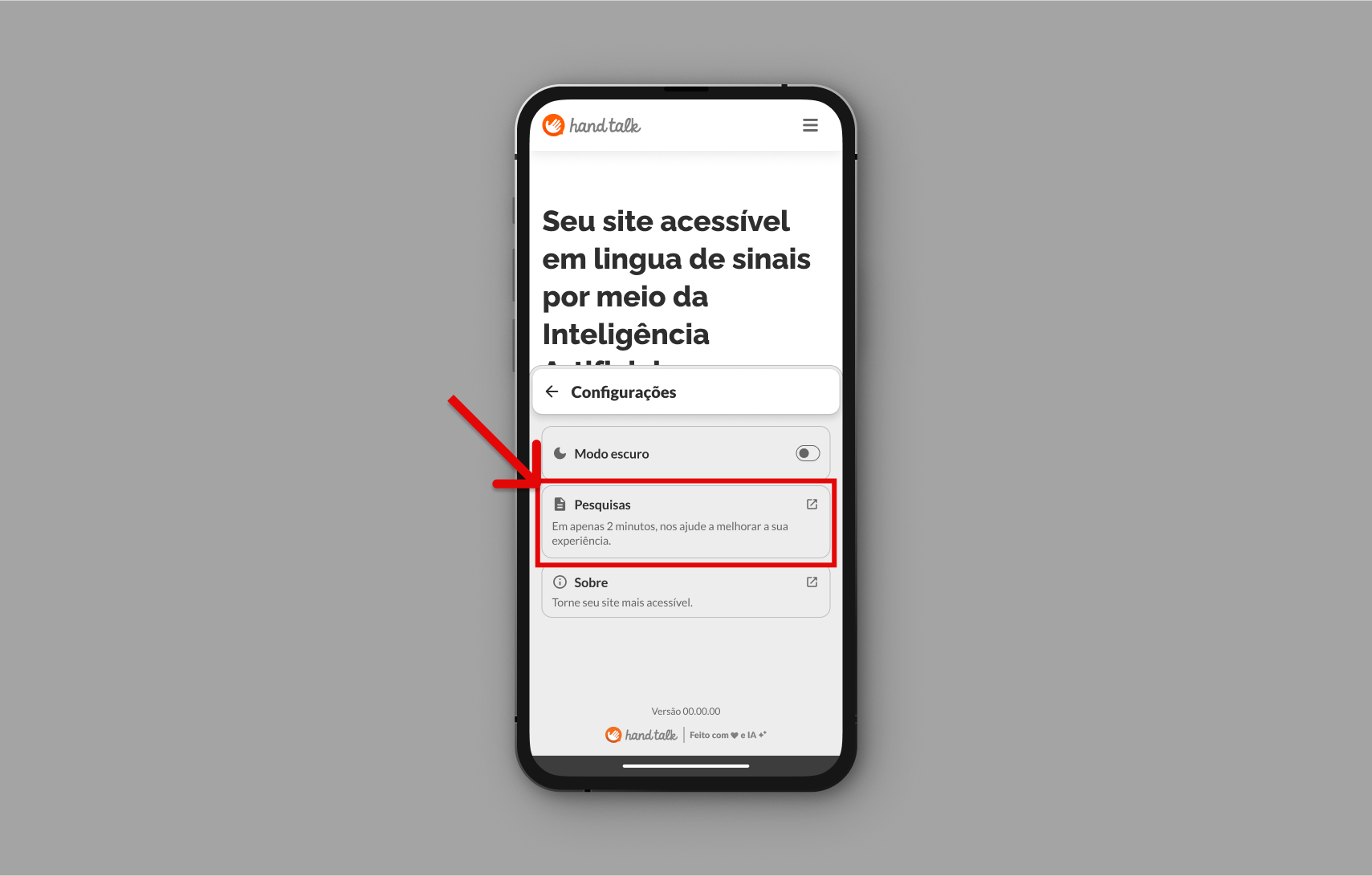 Configurações abertas sinalizando o botão que leva às Pesquisas.