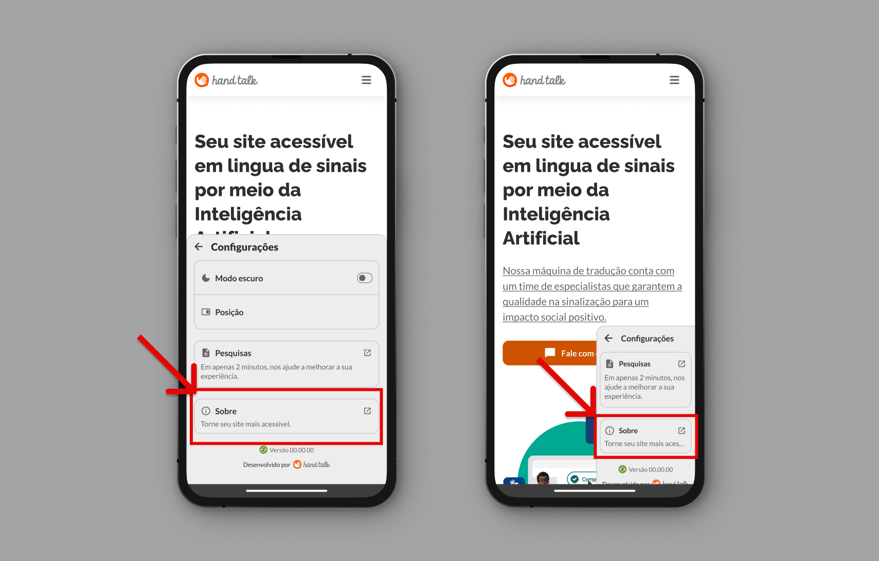 Configurações abertas sinalizando o botão que leva à seção de Sobre.