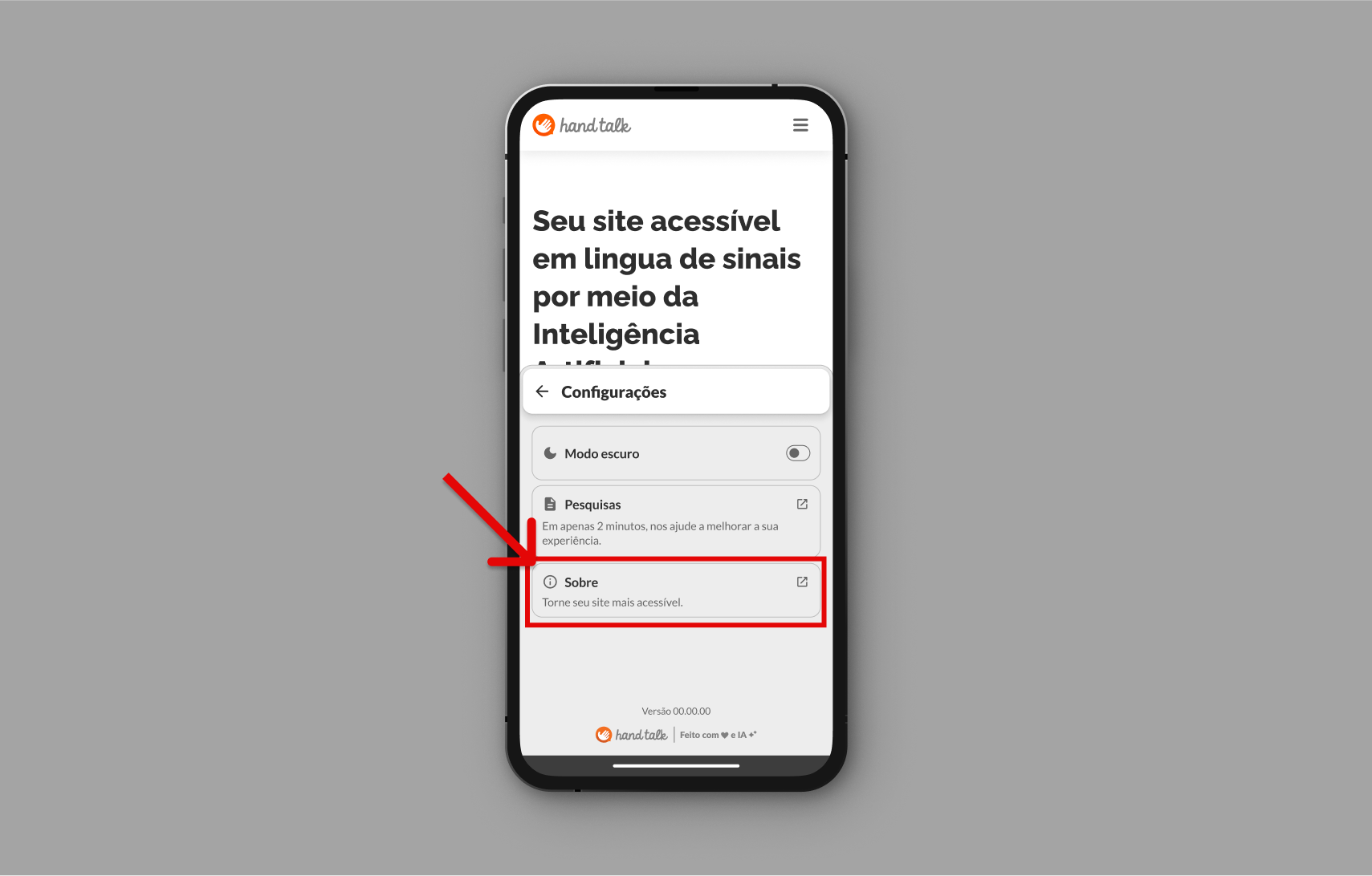 Configurações abertas sinalizando o botão que leva à seção de Sobre.