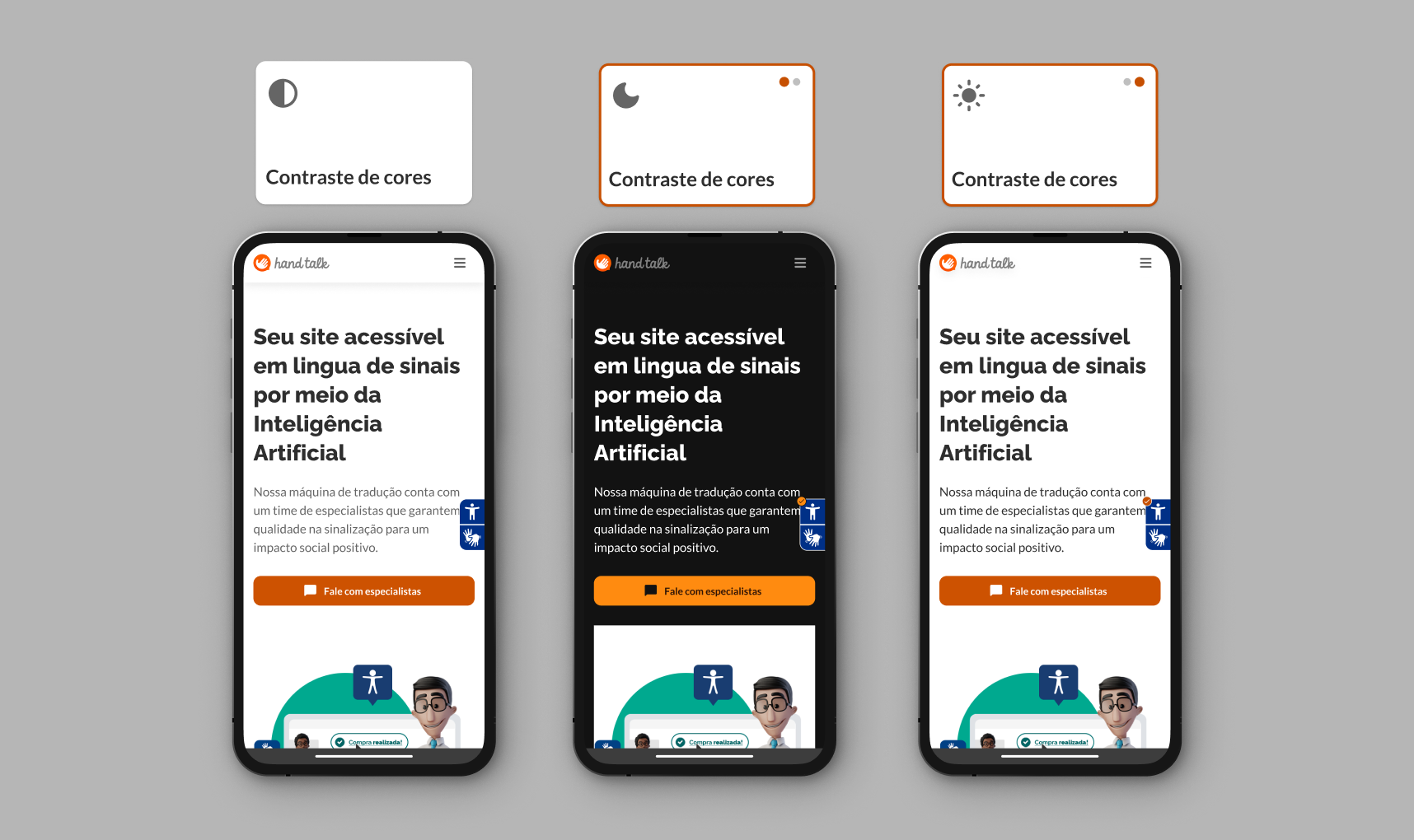 Montagem com as três opções de contraste de cores no site da Hand Talk