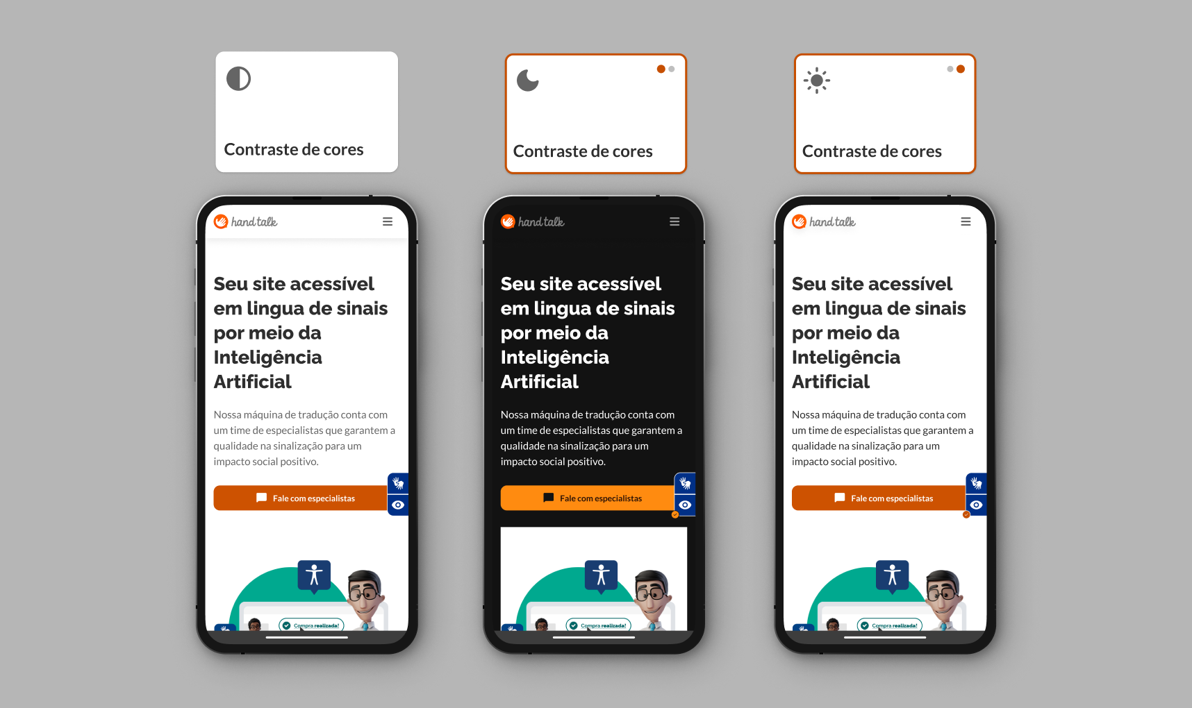 Montagem com as três opções de contraste de cores no site da Hand Talk