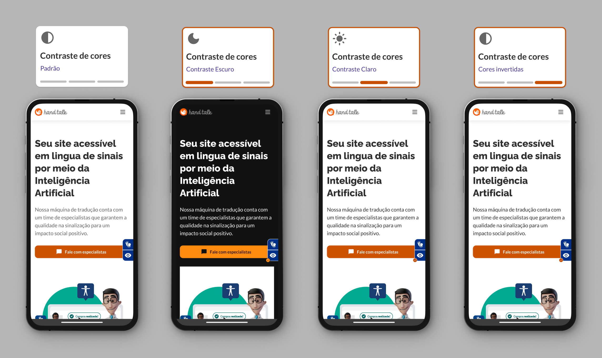 Montagem com as três opções de contraste de cores no site da Hand Talk