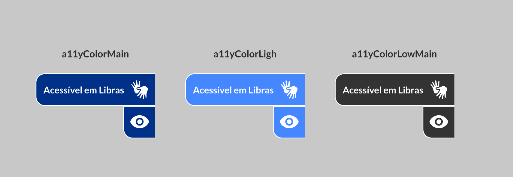 Botões da Hand Talk com as 3 cores disponíveis, sendo elas, azul escuro, azul claro e preto