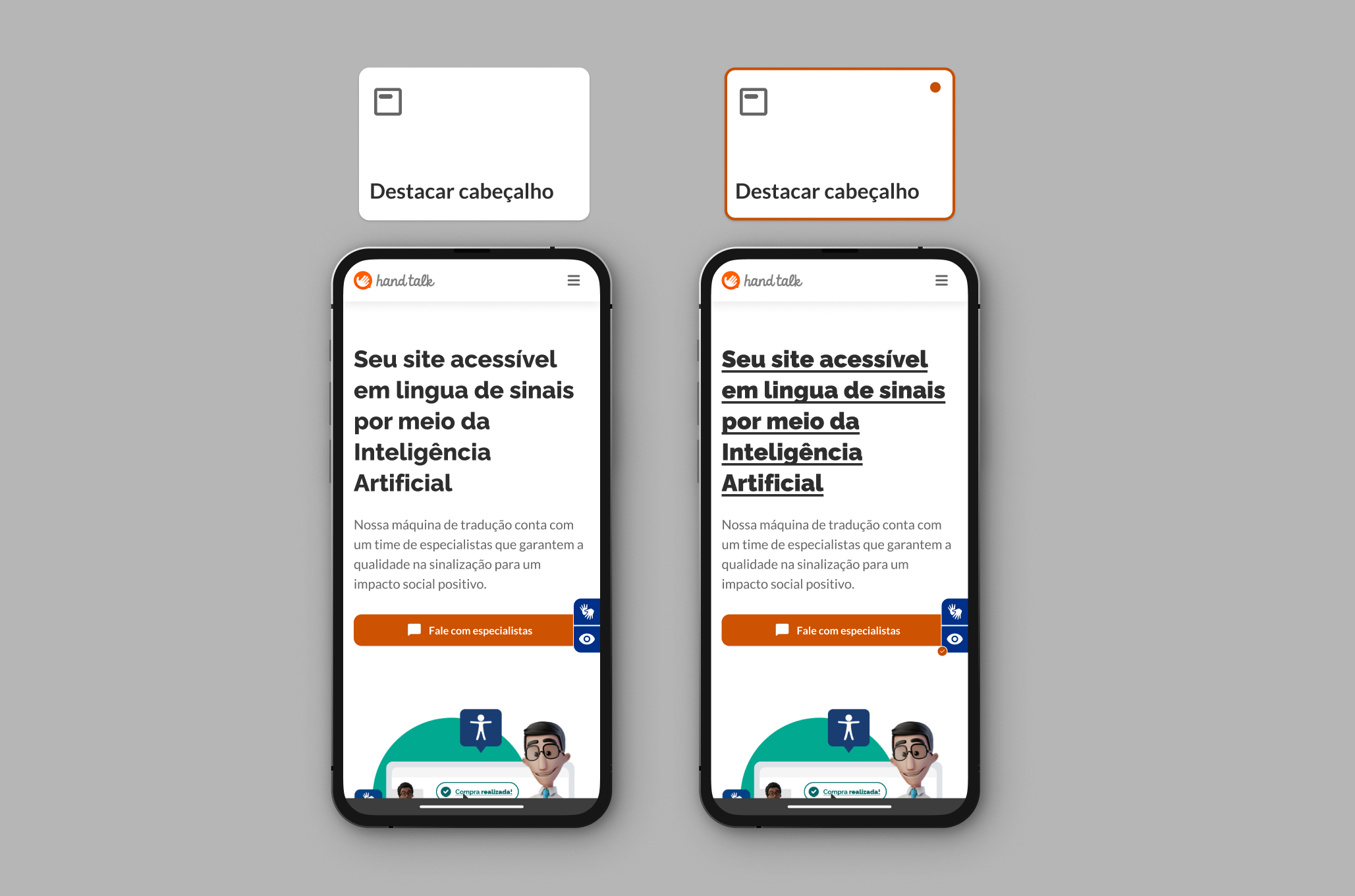 Tela demonstrando uso do Destacar Cabeçalho no site da Hand Talk
