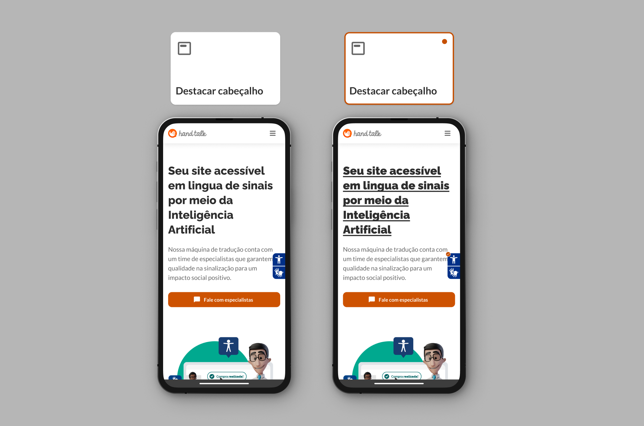 Tela demonstrando uso do Destacar Cabeçalho no site da Hand Talk