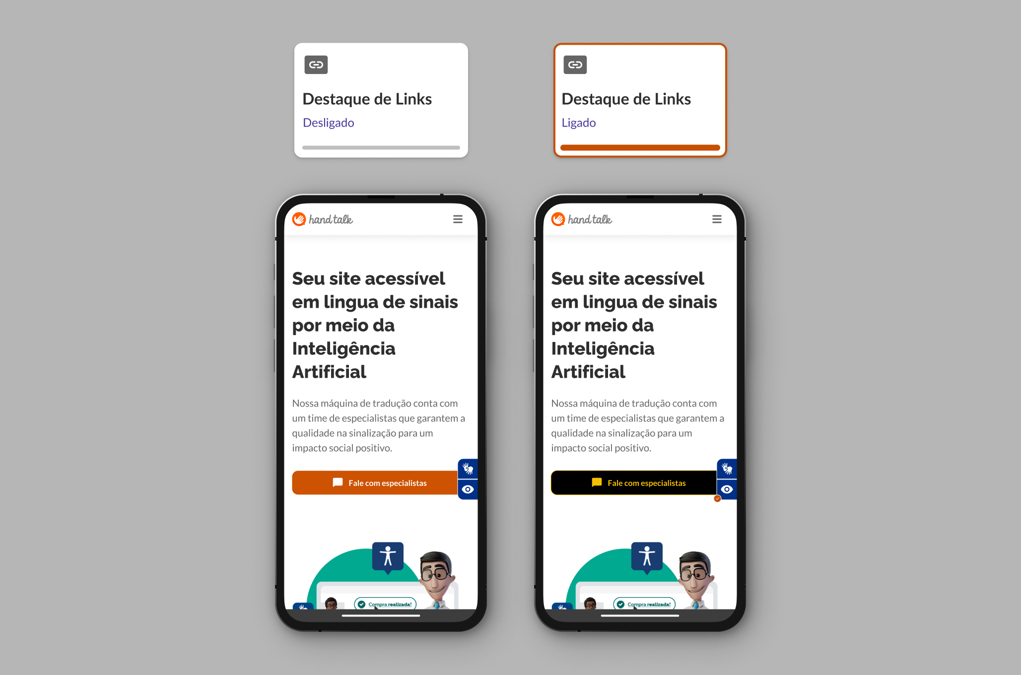Comparativo entre o destacar links ativado/desativado no site da Hand Talk