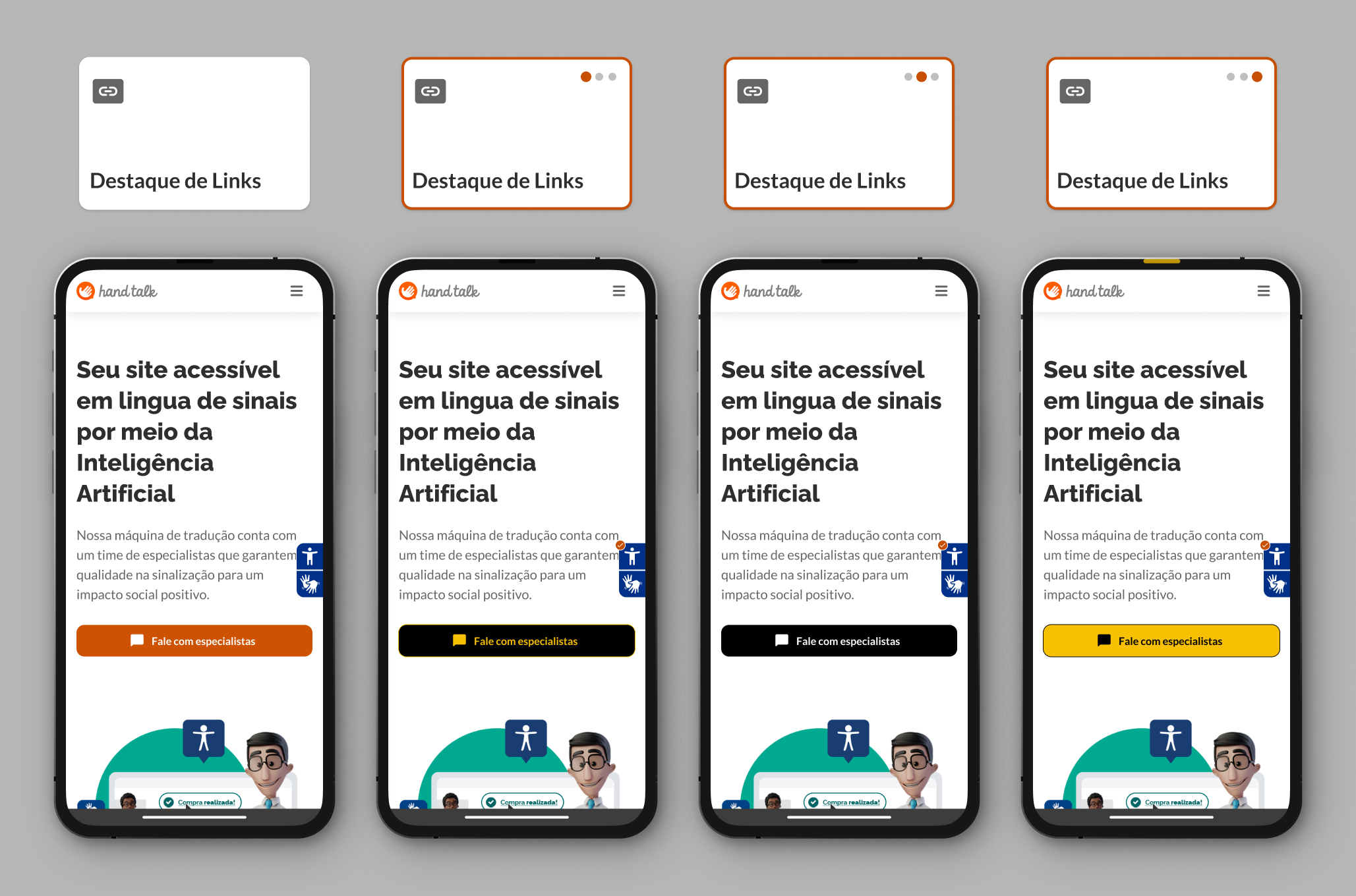 Comparativo entre o destacar links ativado e desativado no site da Hand Talk