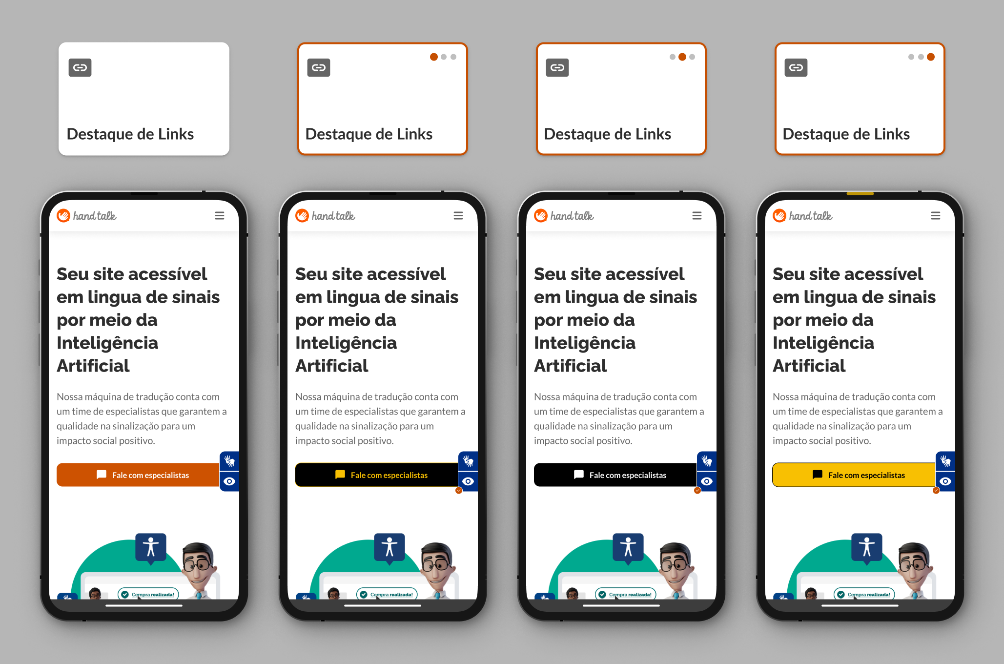 Comparativo entre o destacar links ativado e desativado no site da Hand Talk