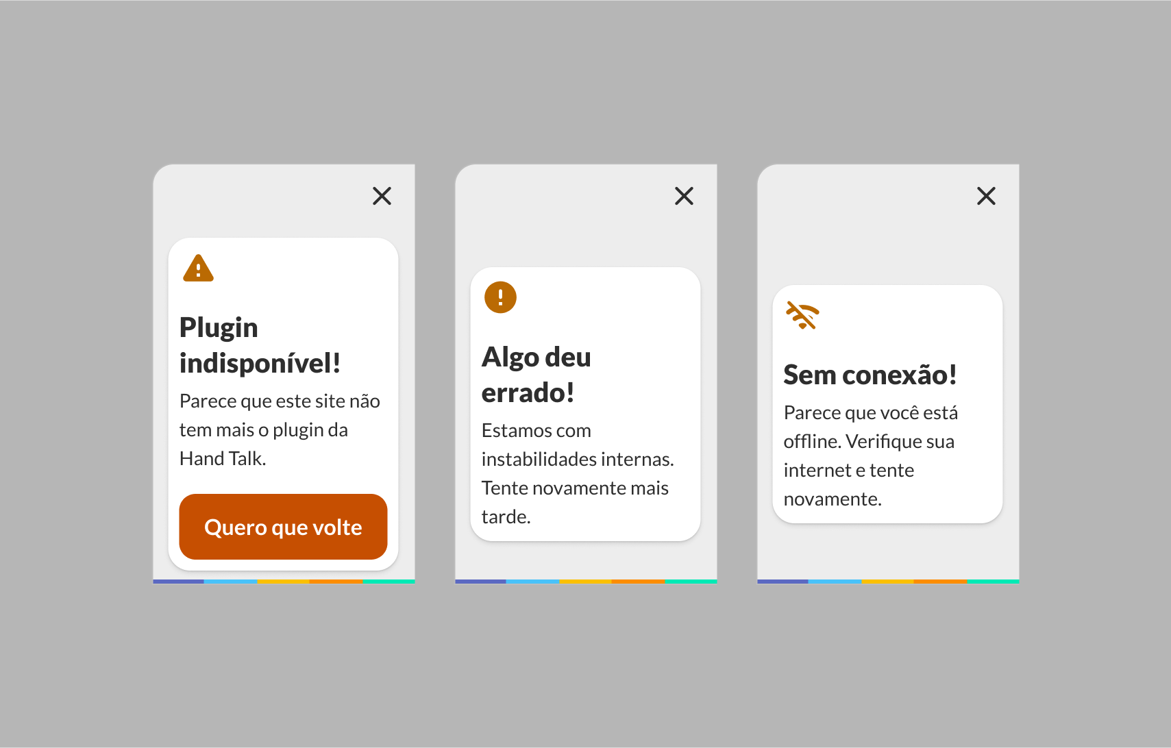Janela do Hand Talk plugin com mensagens de falha no carregamento.