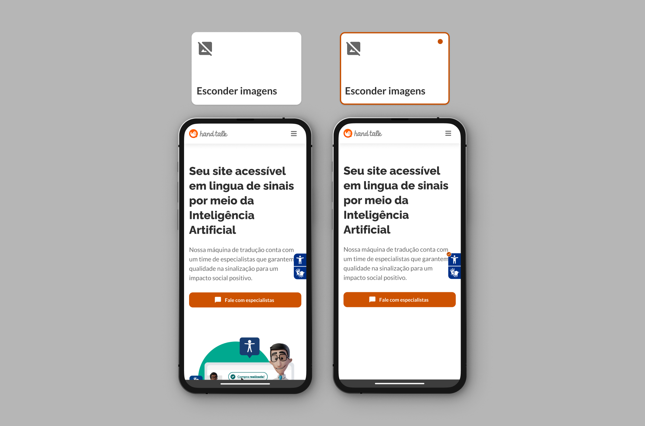 Tela demonstrando uso de Esconder Imagens no site da Hand Talk