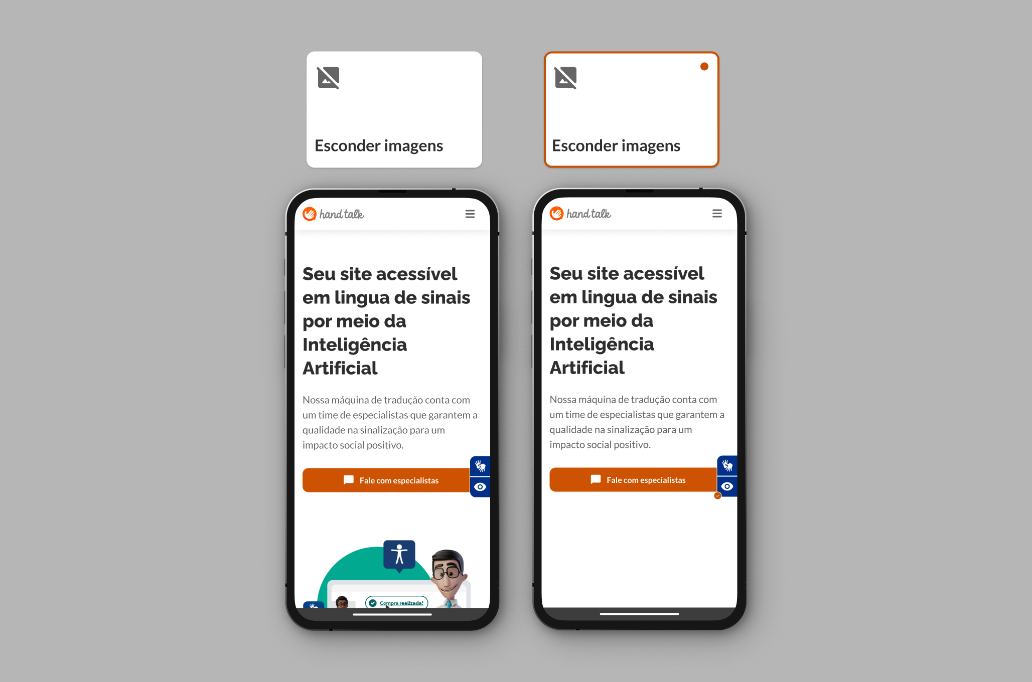 Tela demonstrando uso de Esconder Imagens no site da Hand Talk