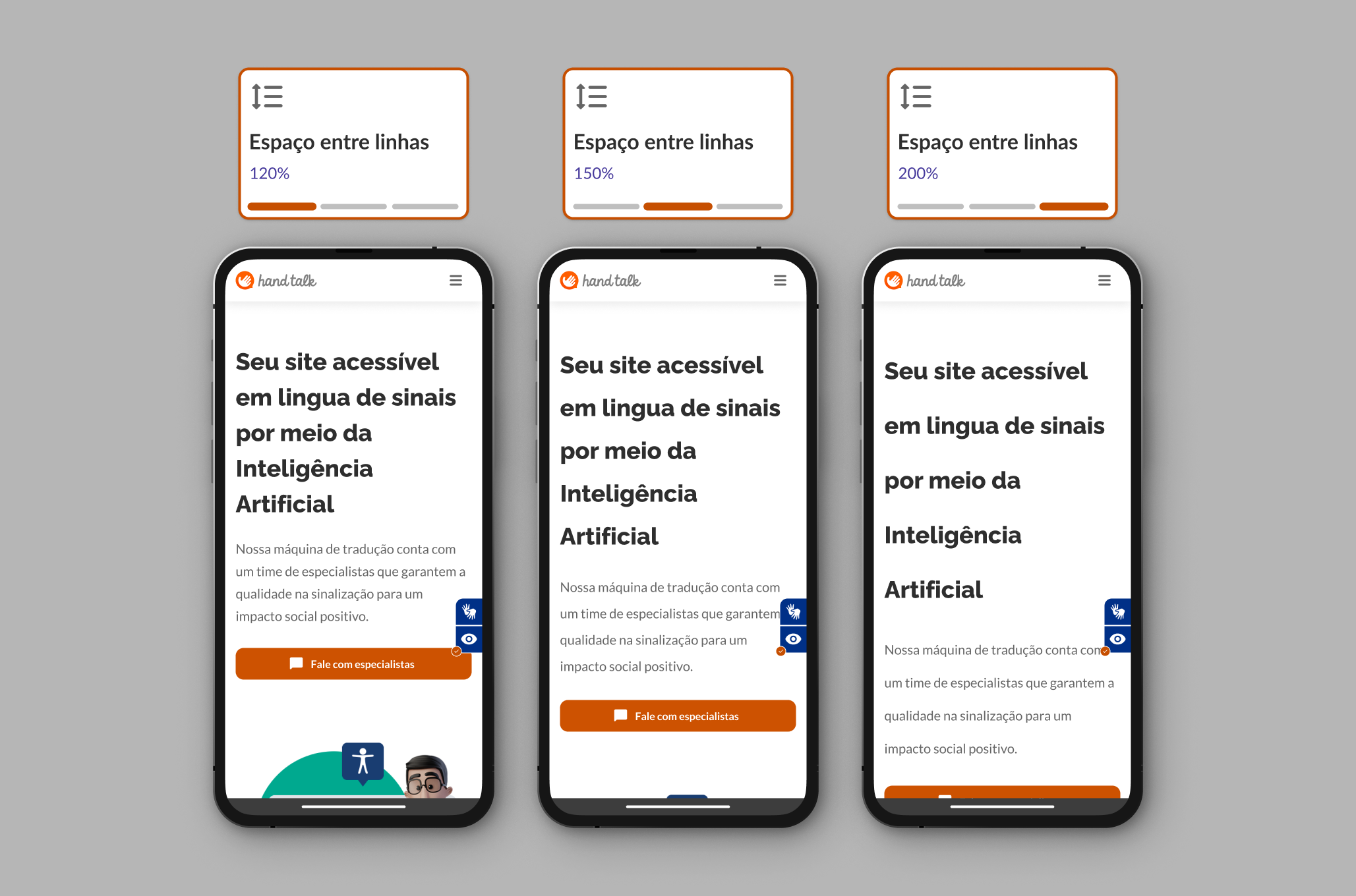 Montagem com as três opções de espaçamento entre linhas no site da Hand Talk