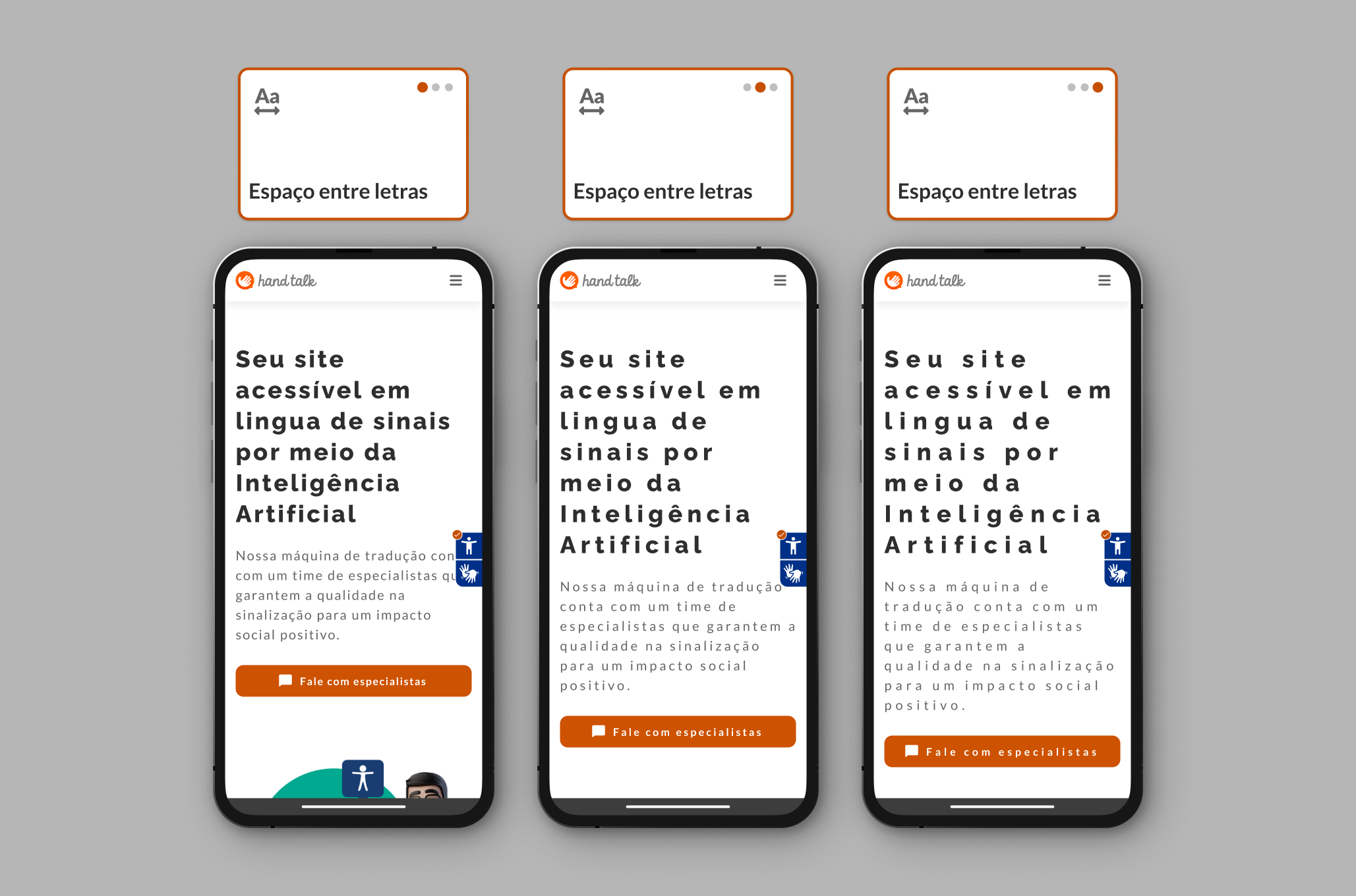 Montagem com as três opções de espaçamento entre letras no site da Hand Talk