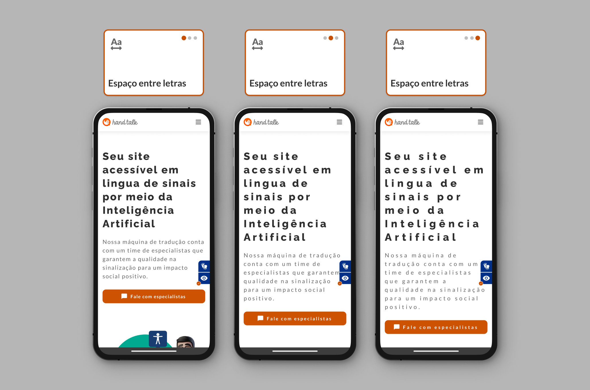 Montagem com as três opções de espaçamento entre letras no site da Hand Talk