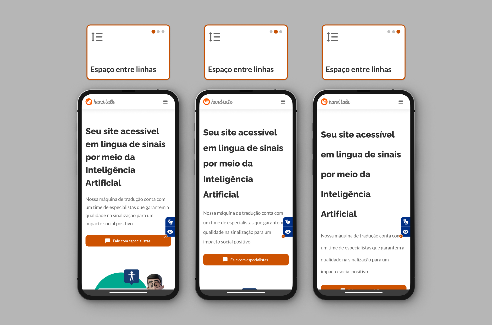 Montagem com as três opções de espaçamento entre linhas no site da Hand Talk