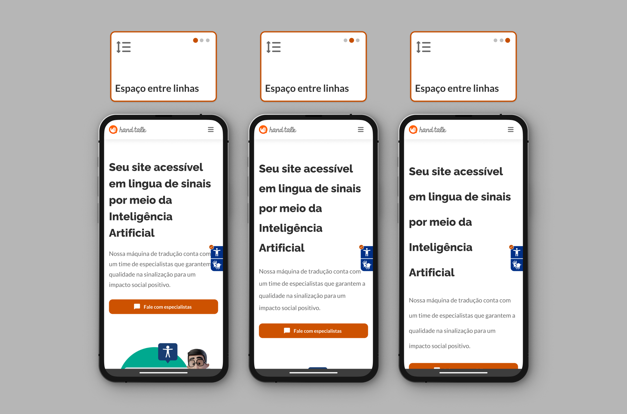 Montagem com as três opções de espaçamento entre linhas no site da Hand Talk