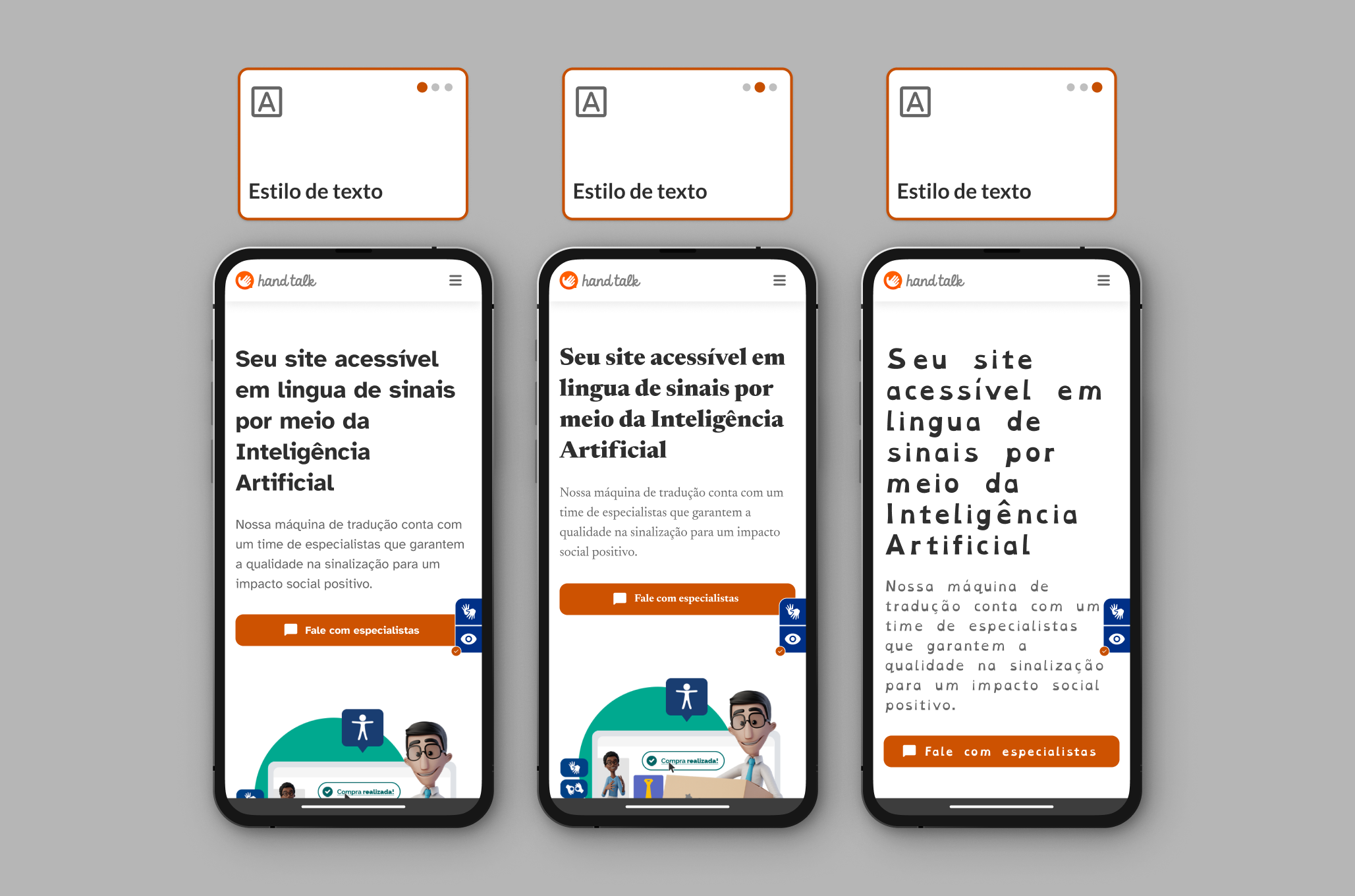 Montagem com as três opções de aumento do tamanho da fonte no site da Hand Talk
