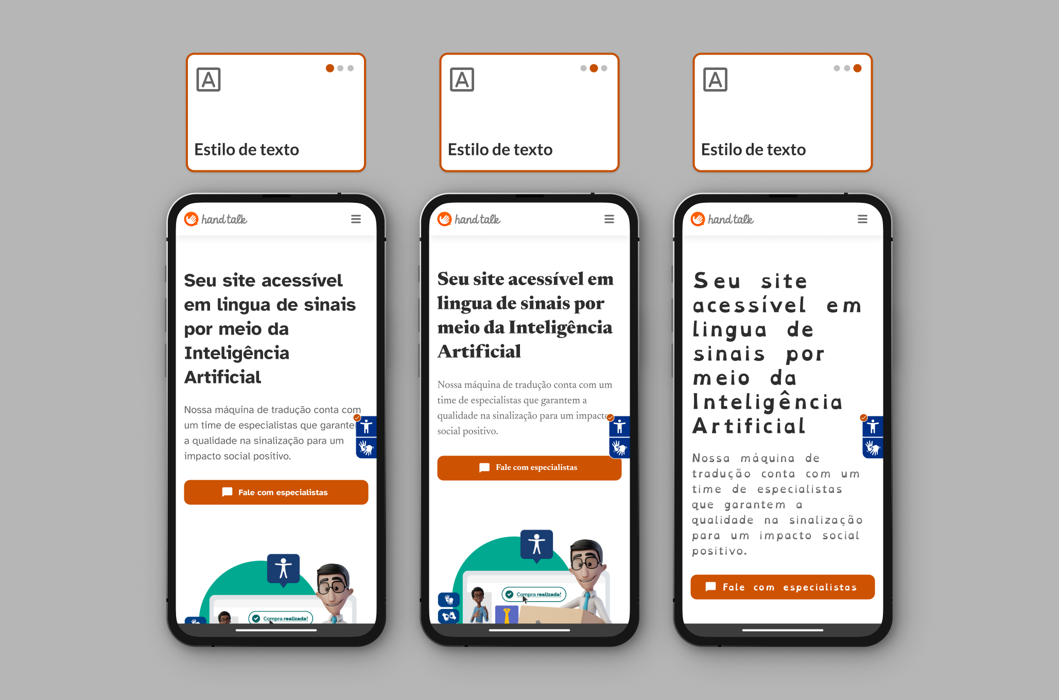 Montagem com as três opções de aumento do tamanho da fonte no site da Hand Talk