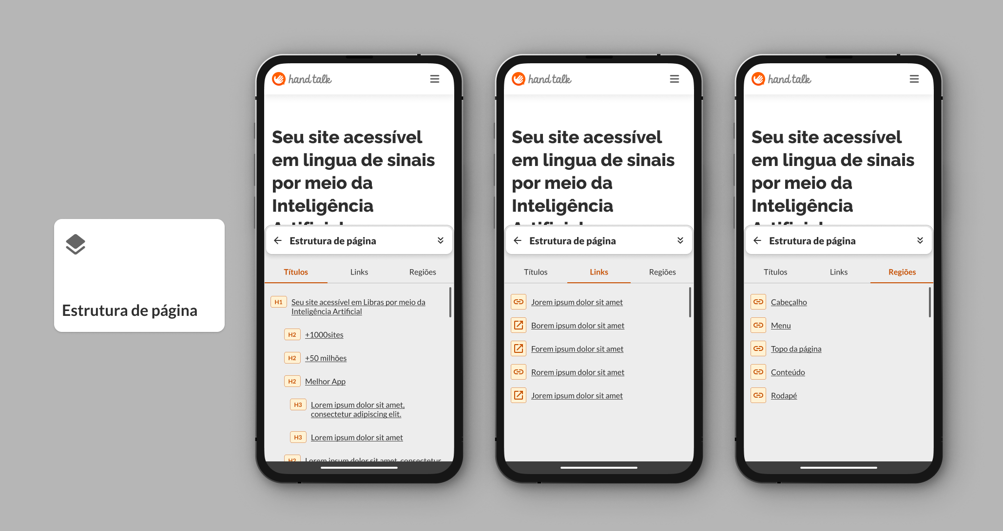 Telas demonstrando uso de Estrutura de Página no site da Hand Talk