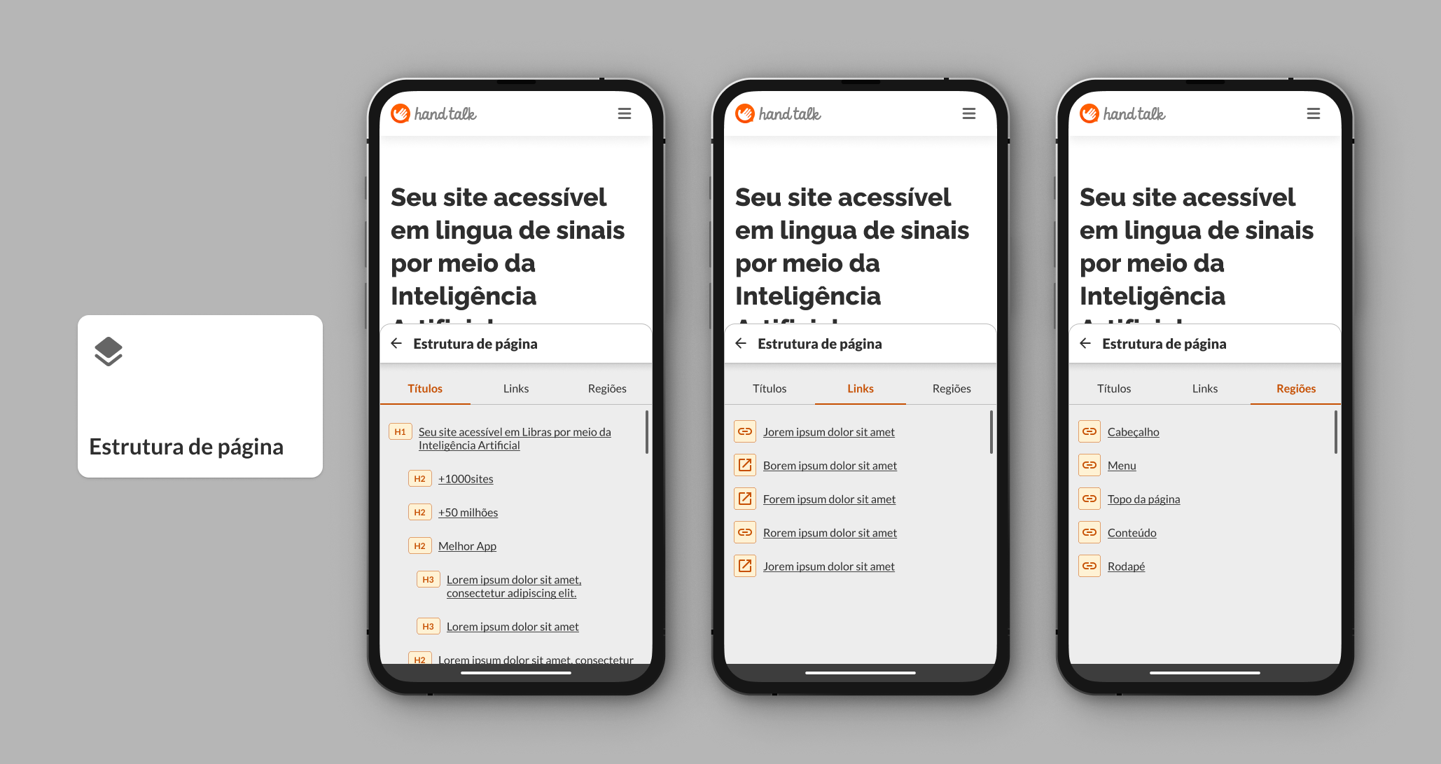 Telas demonstrando uso de Estrutura de Página no site da Hand Talk
