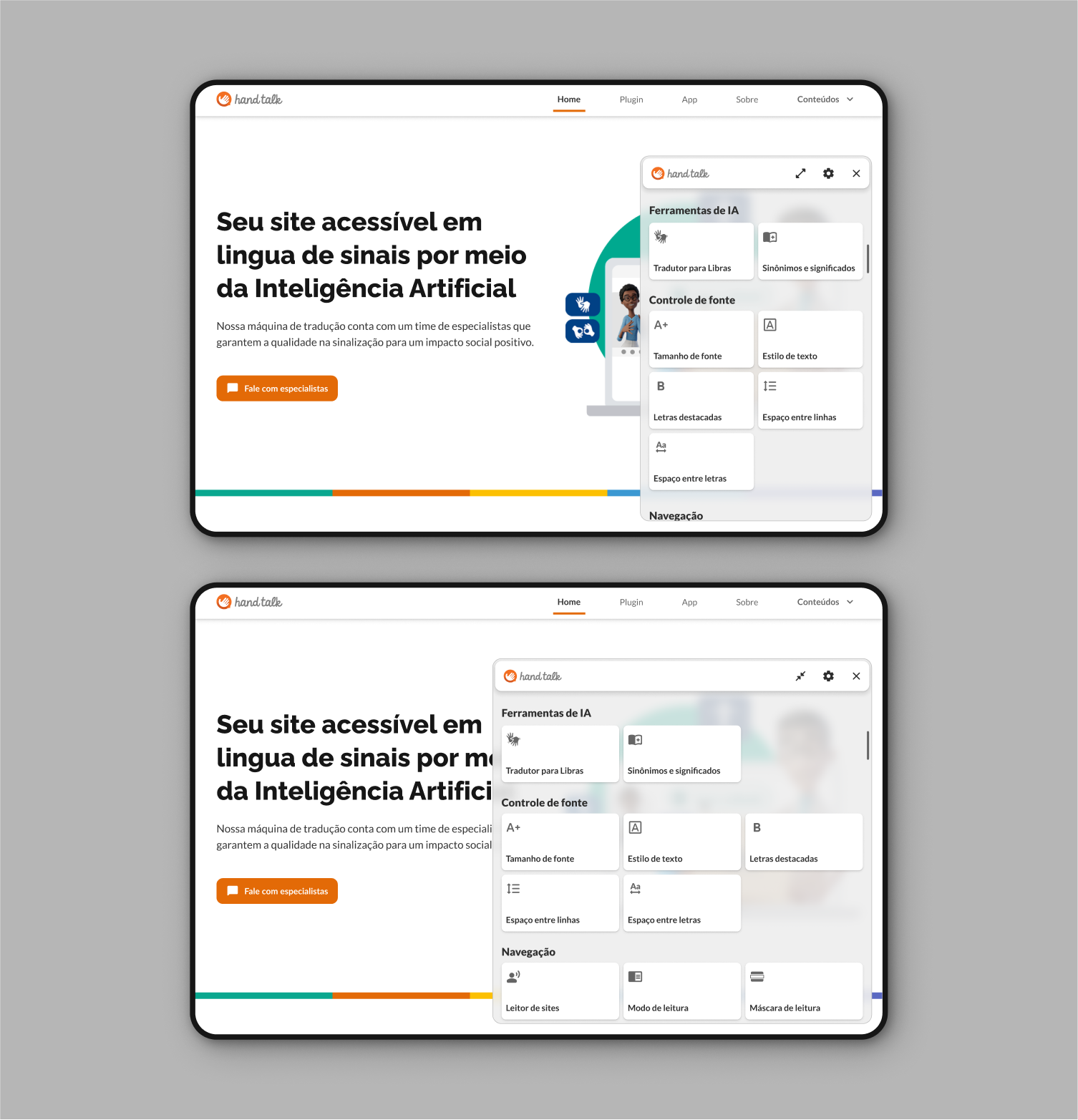 Site da Hand Talk no desktop com tela dos Recursos Assistivos Ativada em cima e Expandida embaixo