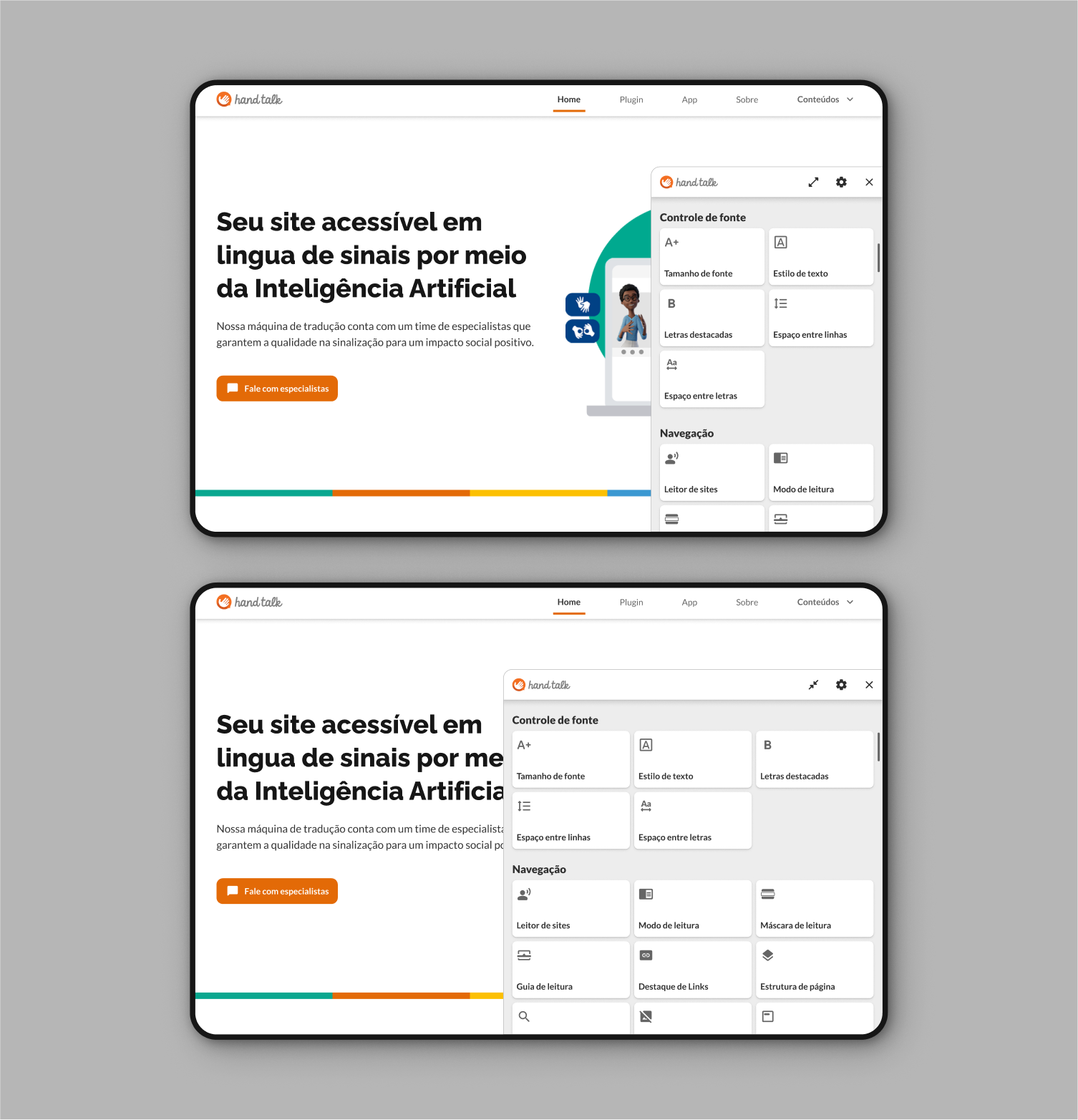 Site da Hand Talk no desktop com tela dos Recursos Assistivos Ativada em cima e Expandida embaixo