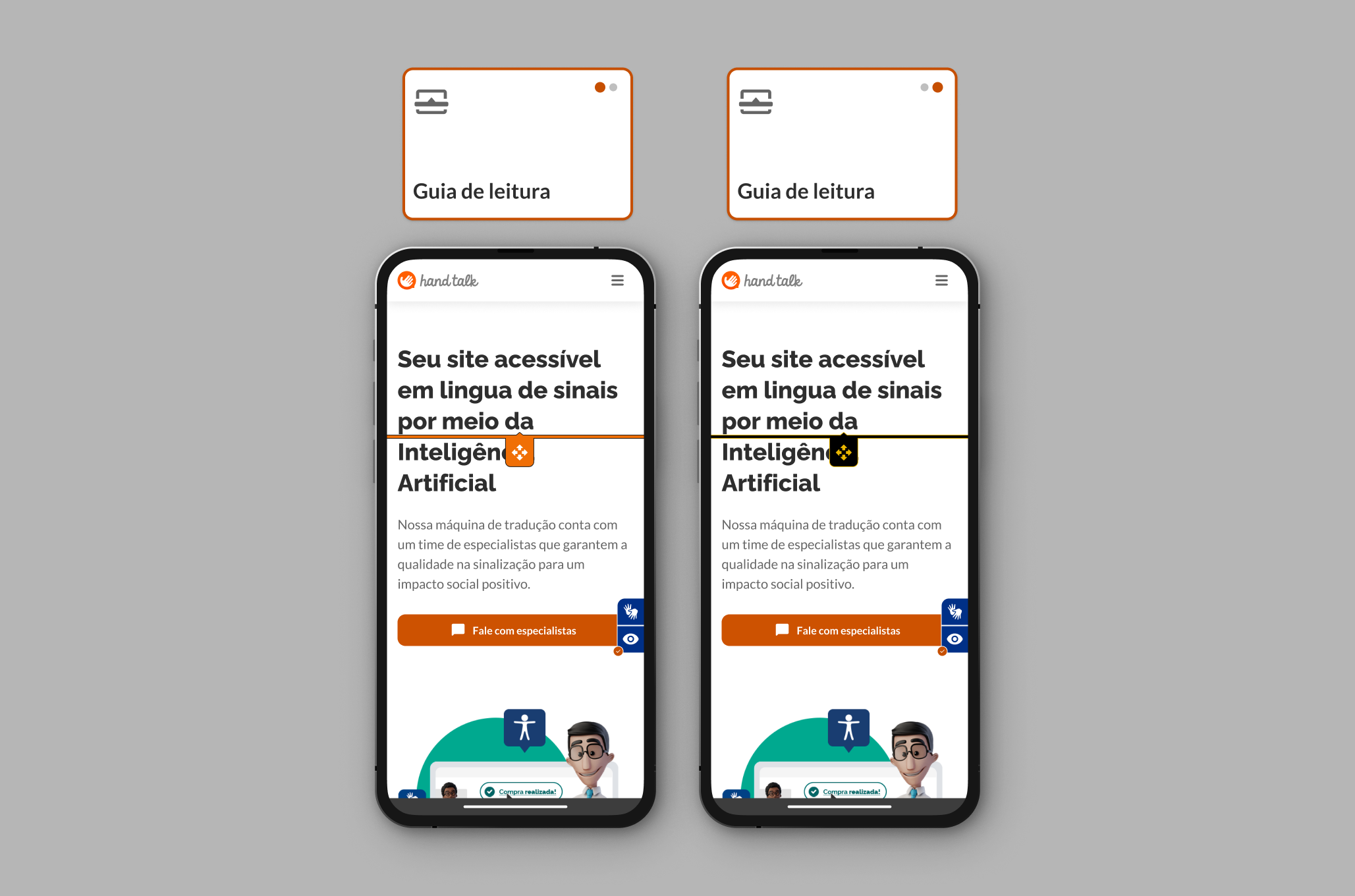 Guia de leitura ativado no modo mobile, à esquerda no modo laranja e à direita no modo preto e amarelo