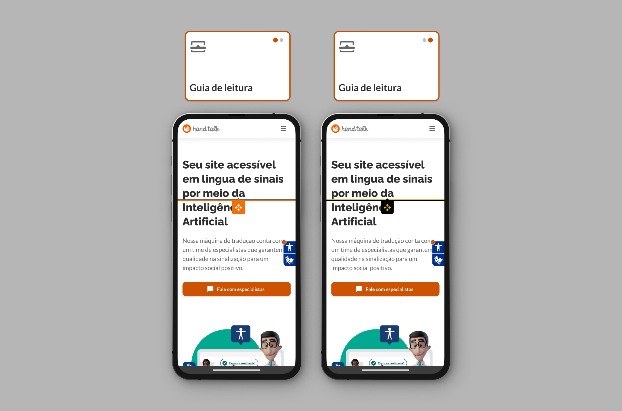 Guia de leitura ativado no modo mobile, à esquerda no modo laranja e à direita no modo preto e amarelo