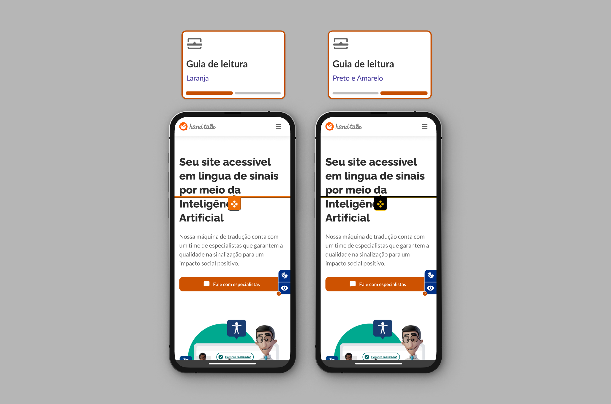 Guia de leitura ativado, à esquerda no modo laranja e à direita no modo preto e amarelo