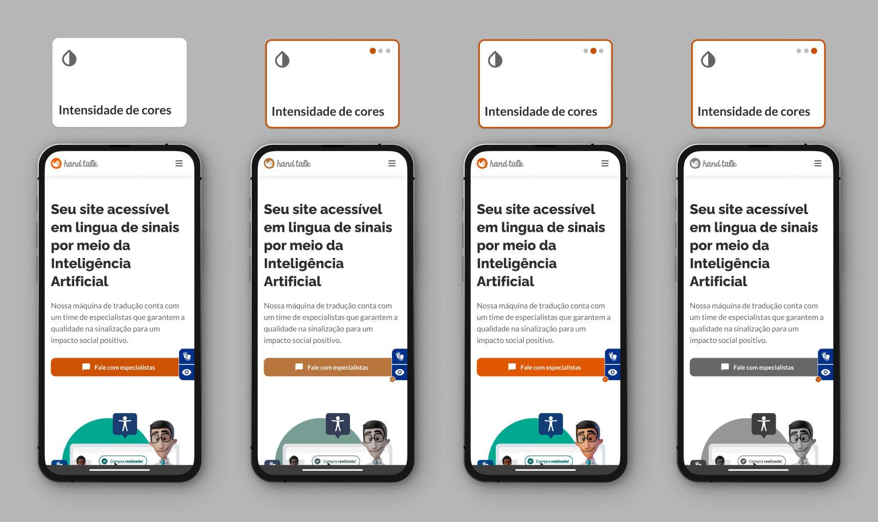 Montagem com as três opções de Intensidade de Cores no site da Hand Talk