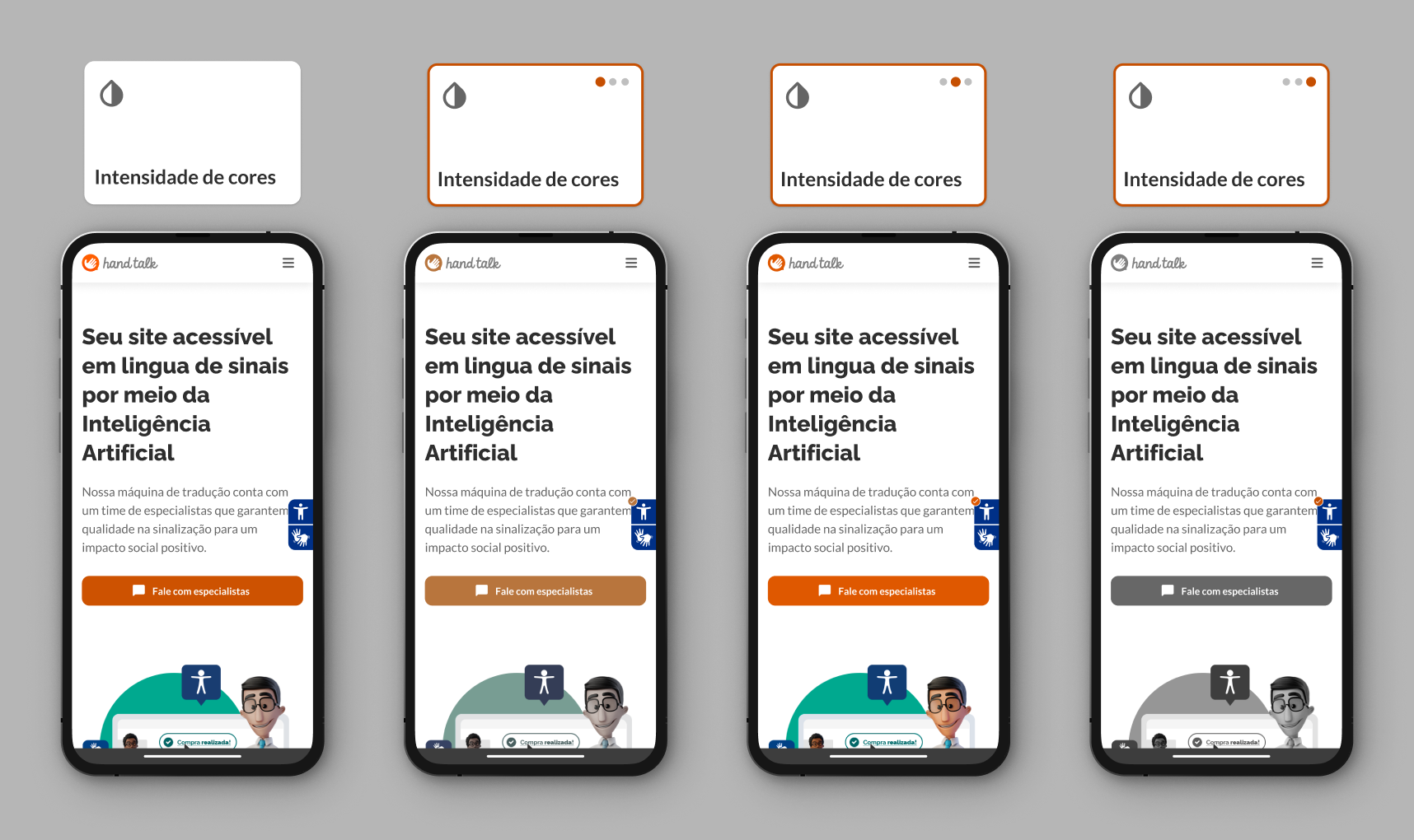Montagem com as três opções de Intensidade de Cores no site da Hand Talk