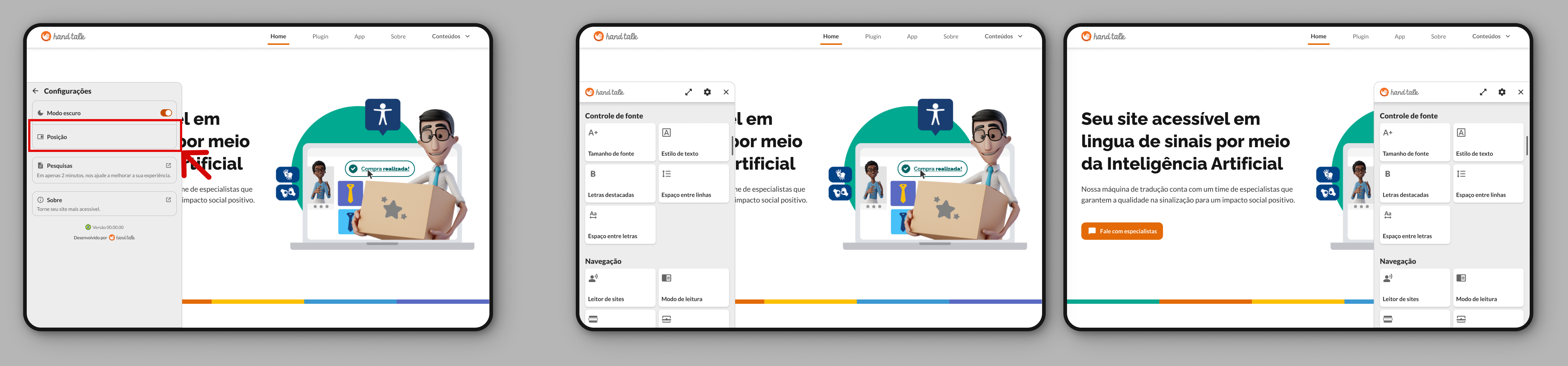 Configurações abertas sinalizando o botão que altera o lado do plugin na tela.