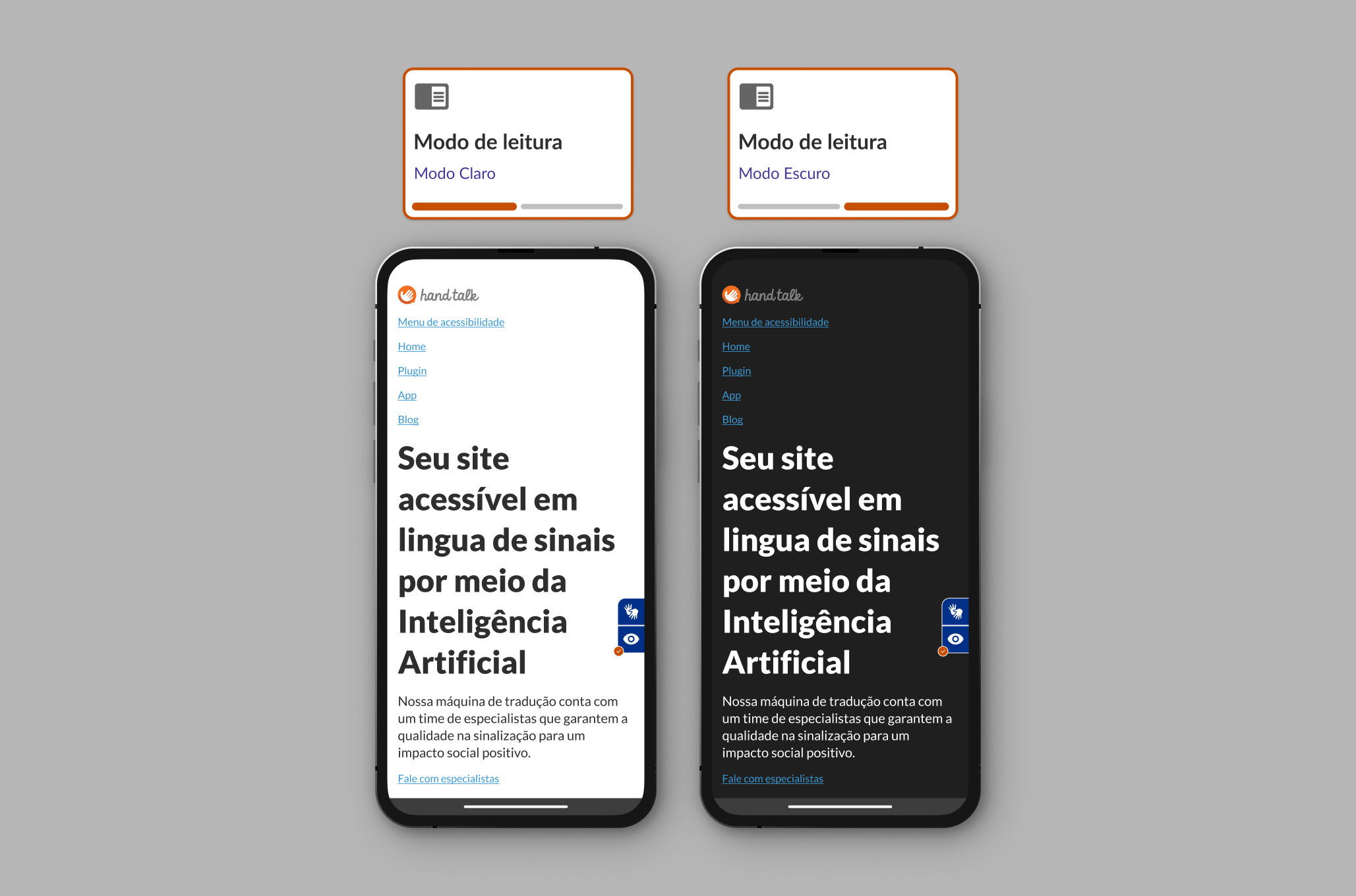 Modo Leitura ativado no modo claro/escuro no site da Hand Talk