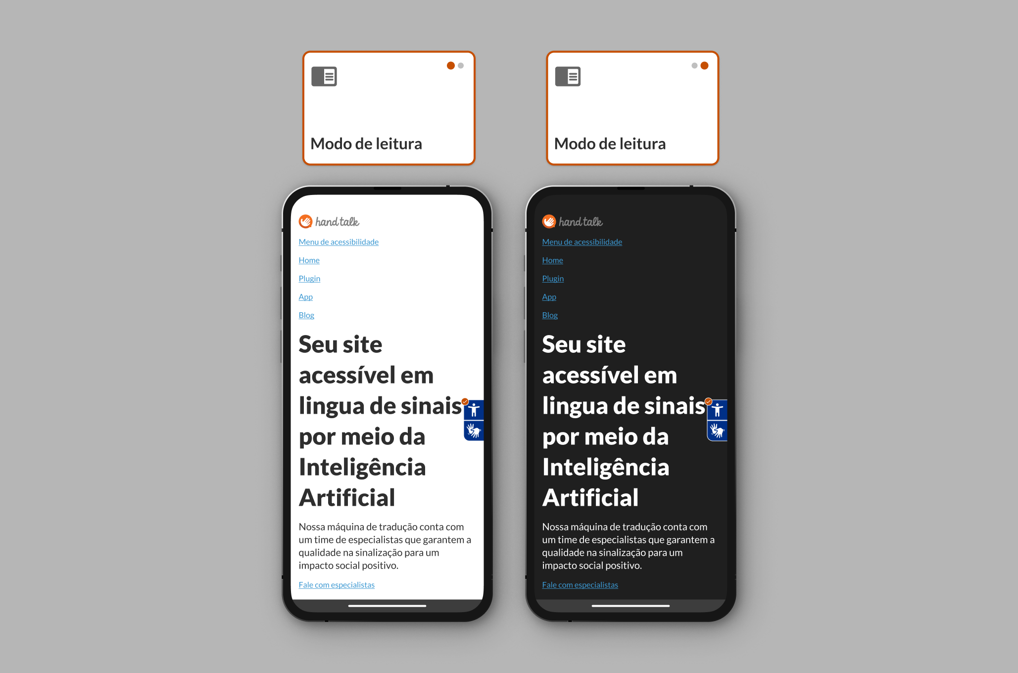 Modo Leitura ativado no modo claro e escuro no site da Hand Talk