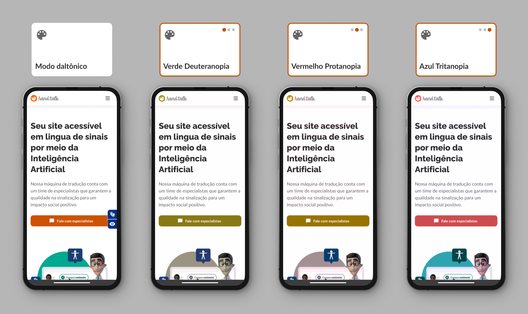 Montagem com as três opções do Modo Daltônico no site da Hand Talk