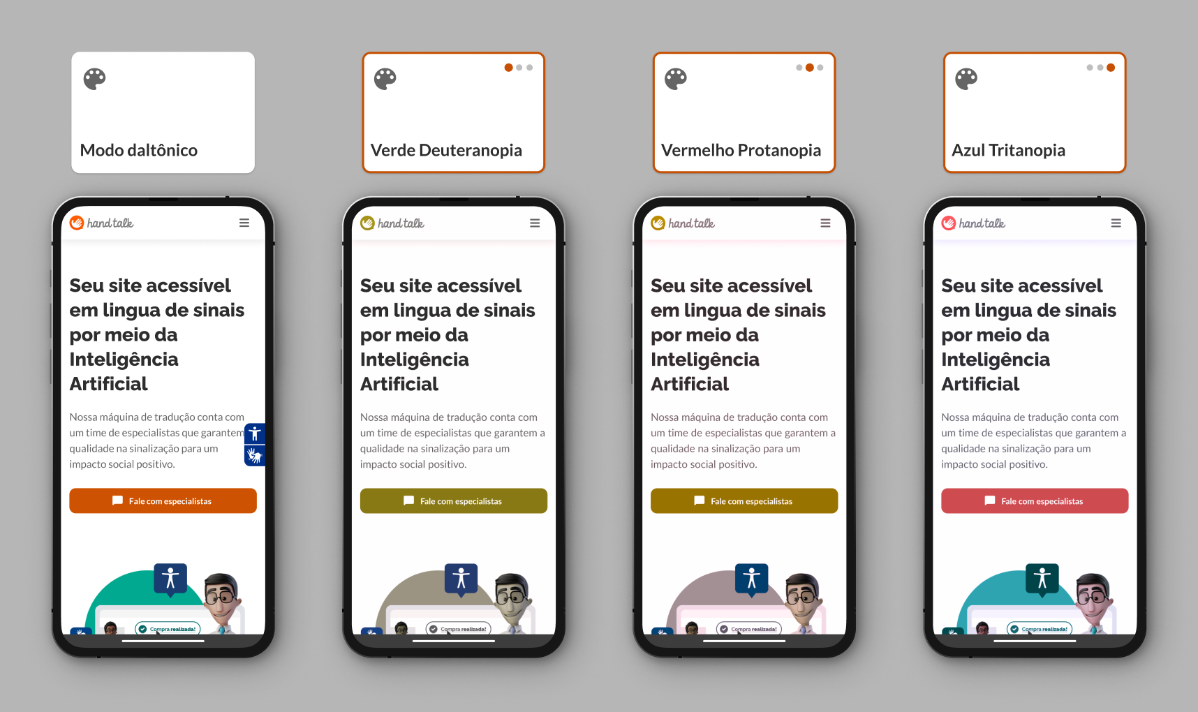 Montagem com as três opções do Modo Daltônico no site da Hand Talk