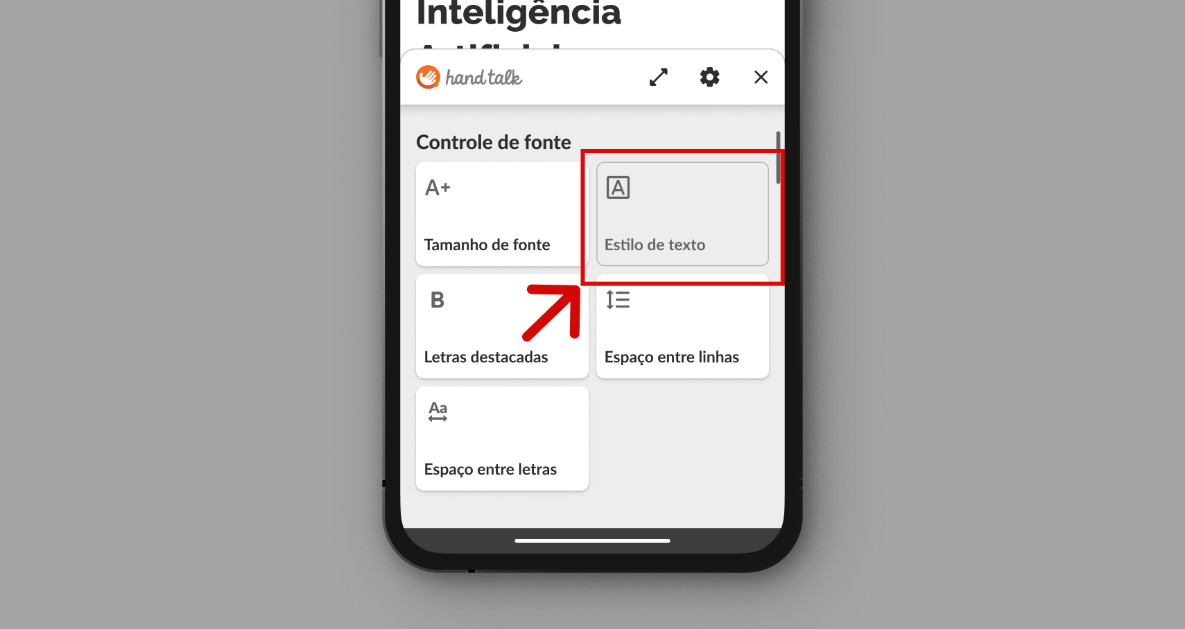 Recursos Assistivos abertos com um dos recursos indisponíveis.