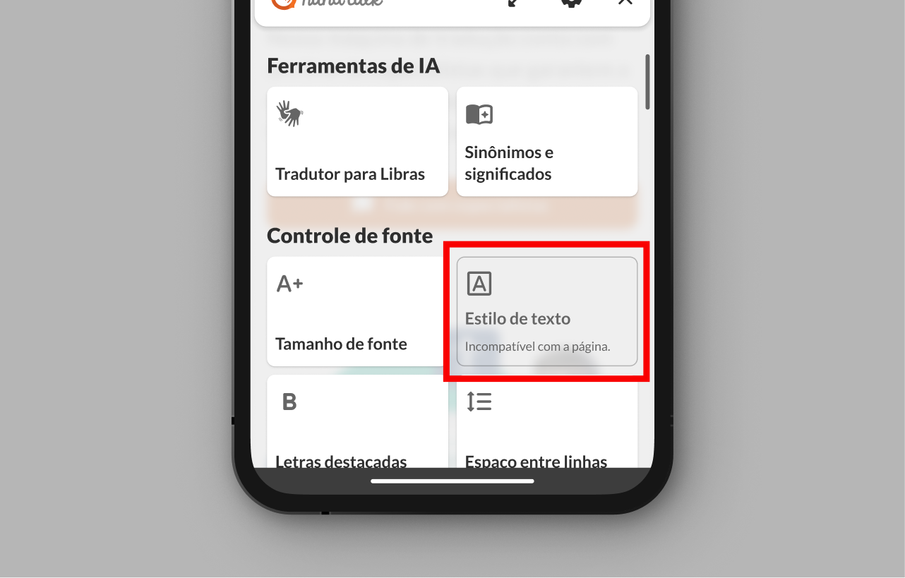 Recursos Assistivos abertos com um dos recursos indisponíveis.