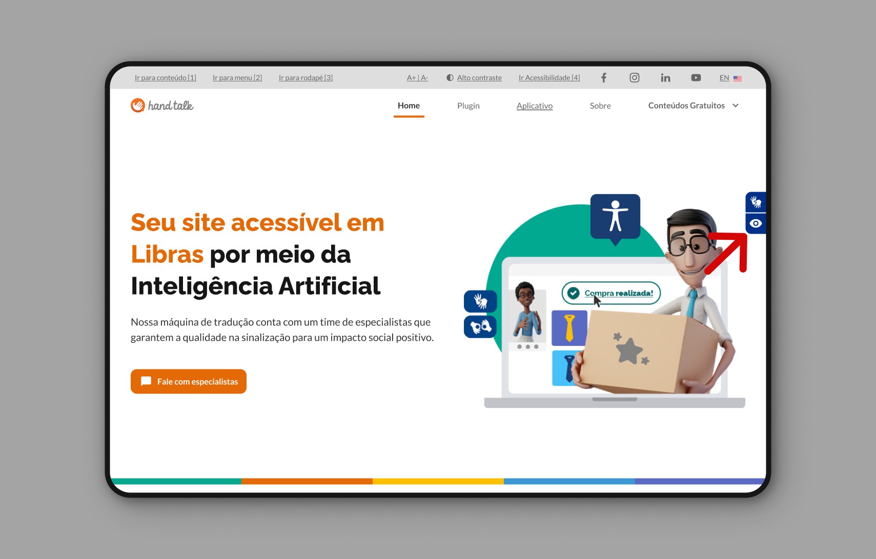 Site da Hand Talk com uma seta indicando o botão de recursos assistivos.