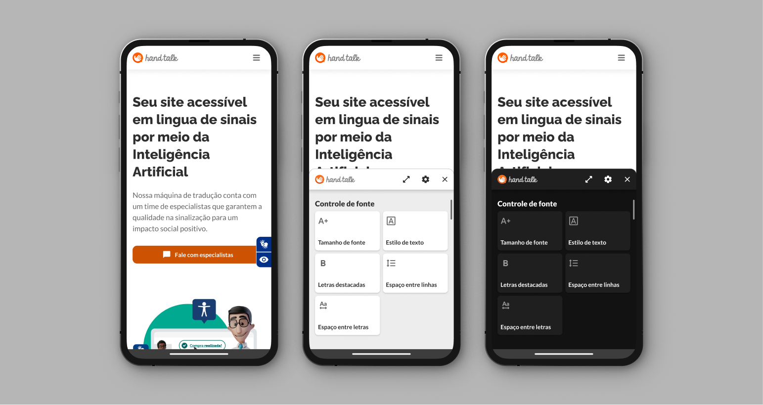 Montagem com três telas, todas no site da Hand Talk modo mobile. Sendo a primeira com o plugin fechado. A segunda com a tela de Recursos Assistivos no modo claro. A terceira com a tela de Recursos Assistivos no modo escuro.