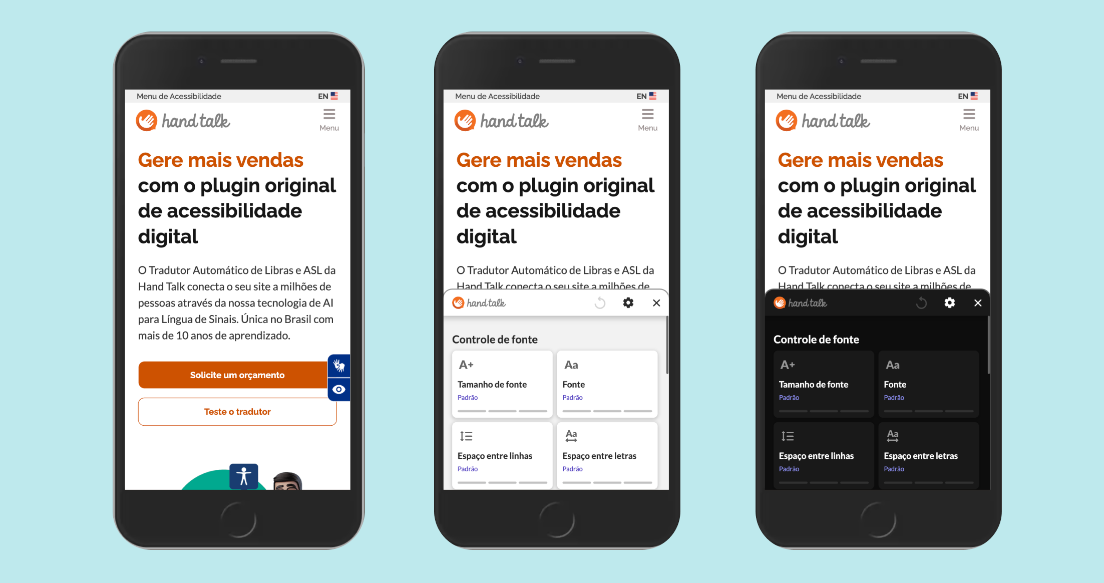 Montagem com três telas, todas no site da Hand Talk modo mobile. Sendo a primeira com o plugin fechado. A segunda com a tela de Recursos Assistivos á mostra no modo claro. E a terceira com a tela de Recursos Assistivos á mostra no modo escuro.