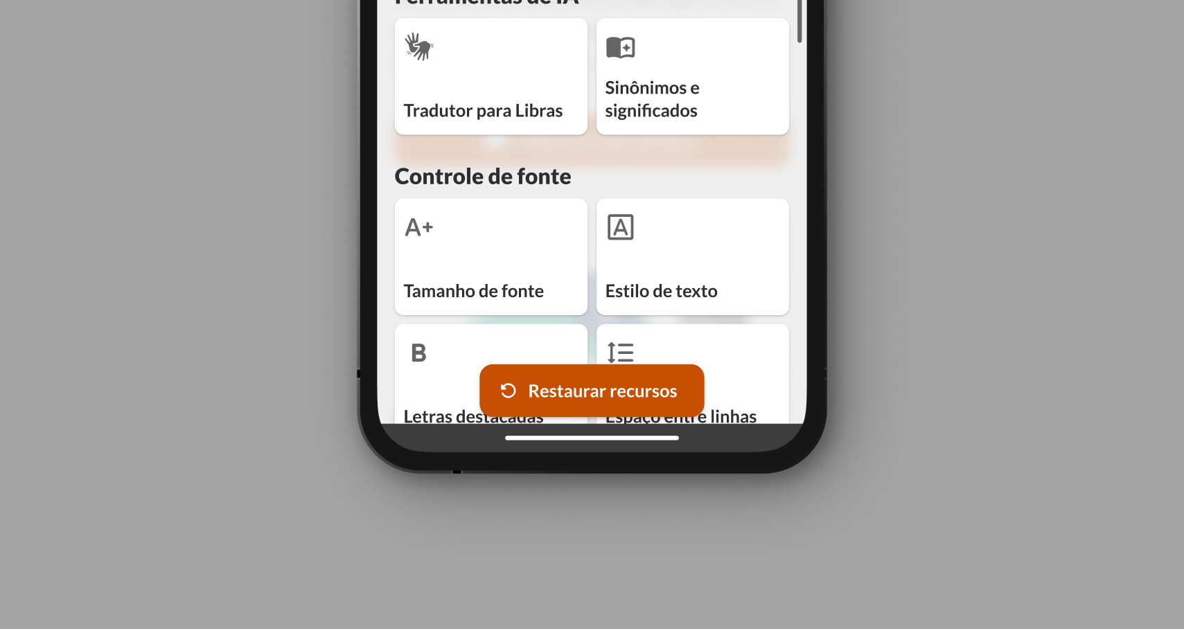 Imagem com botão de restaurar recursos em destaque.
