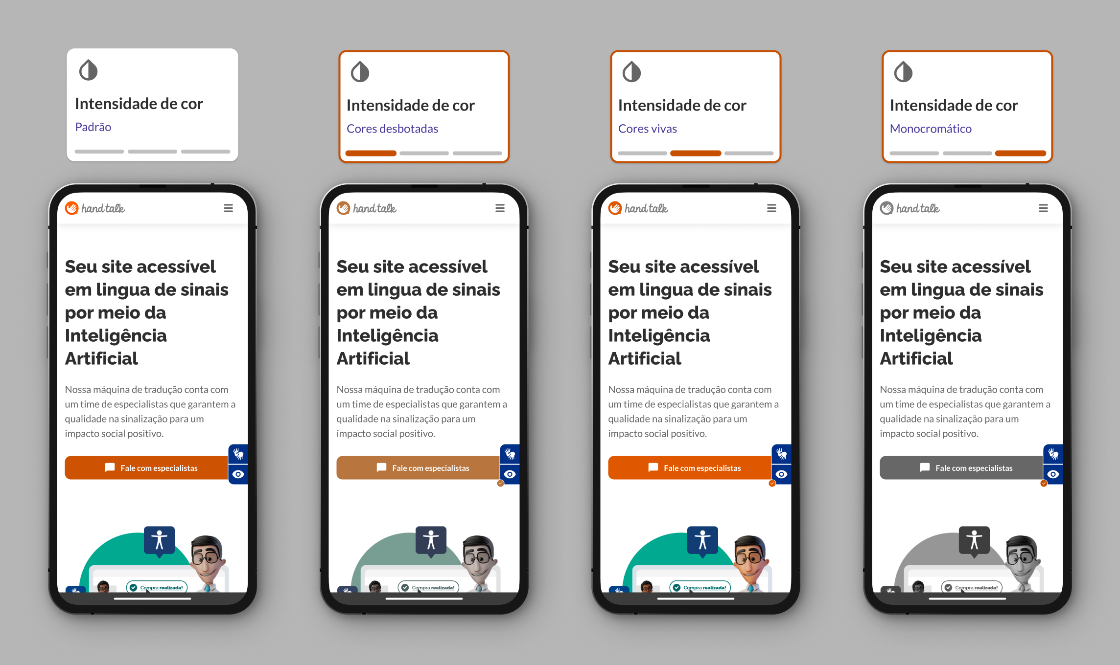 Montagem com as três opções de saturação no site da Hand Talk