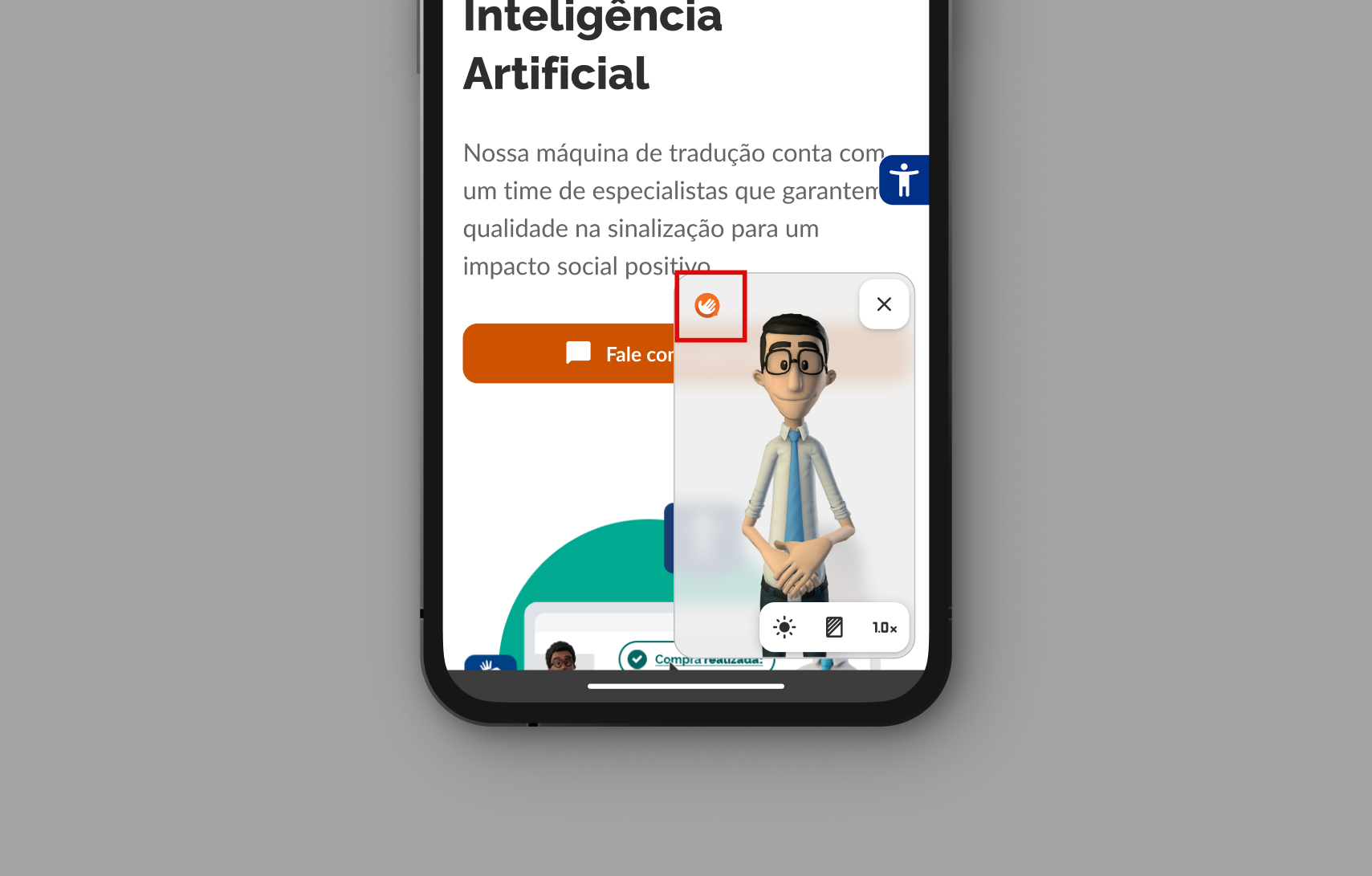 Tradutor aberto com quadrado vermelho sinalizando o botão que leva ao site da Hand Talk.