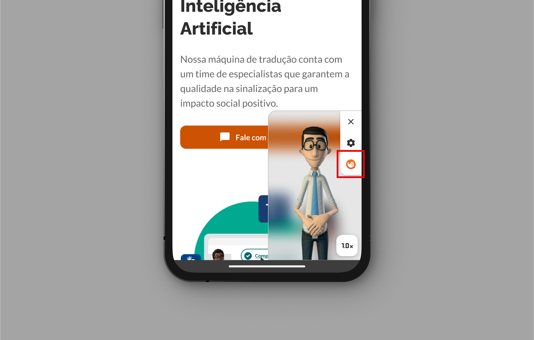 Tradutor aberto com quadrado vermelho sinalizando o botão que leva ao site da Hand Talk.