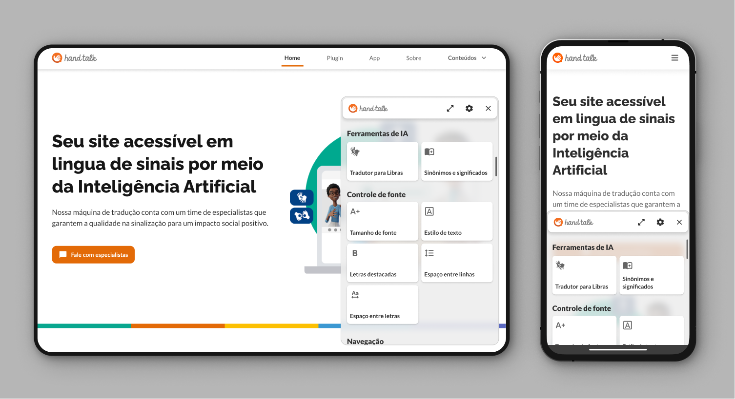 Janela dos Recursos Assistivos aberta no desktop e no mobile