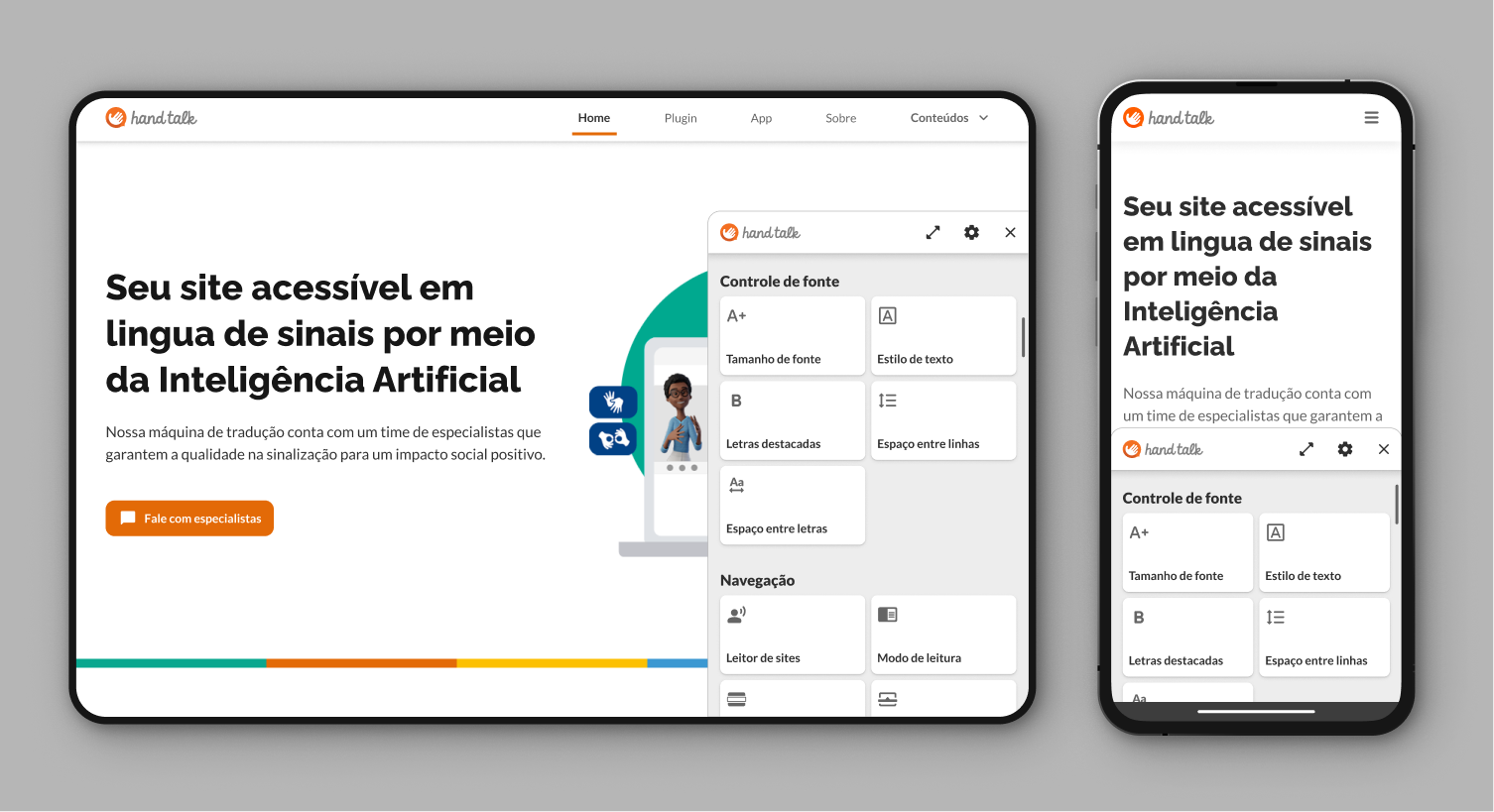 Janela dos Recursos Assistivos aberta no desktop e no mobile