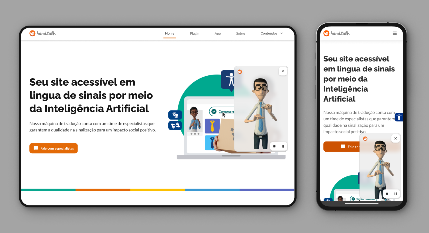 Janela do Tradutor de Sites aberta no desktop e no mobile com o Hugo traduzindo