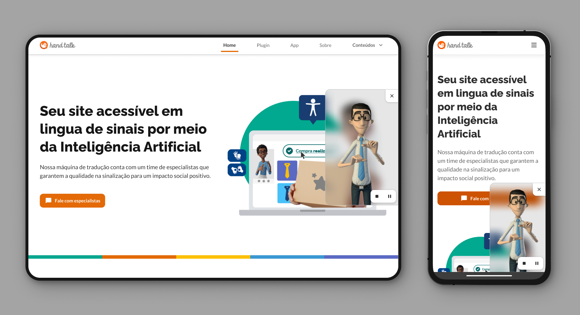 Janela do Tradutor de Sites aberta no desktop e no mobile com o Hugo traduzindo